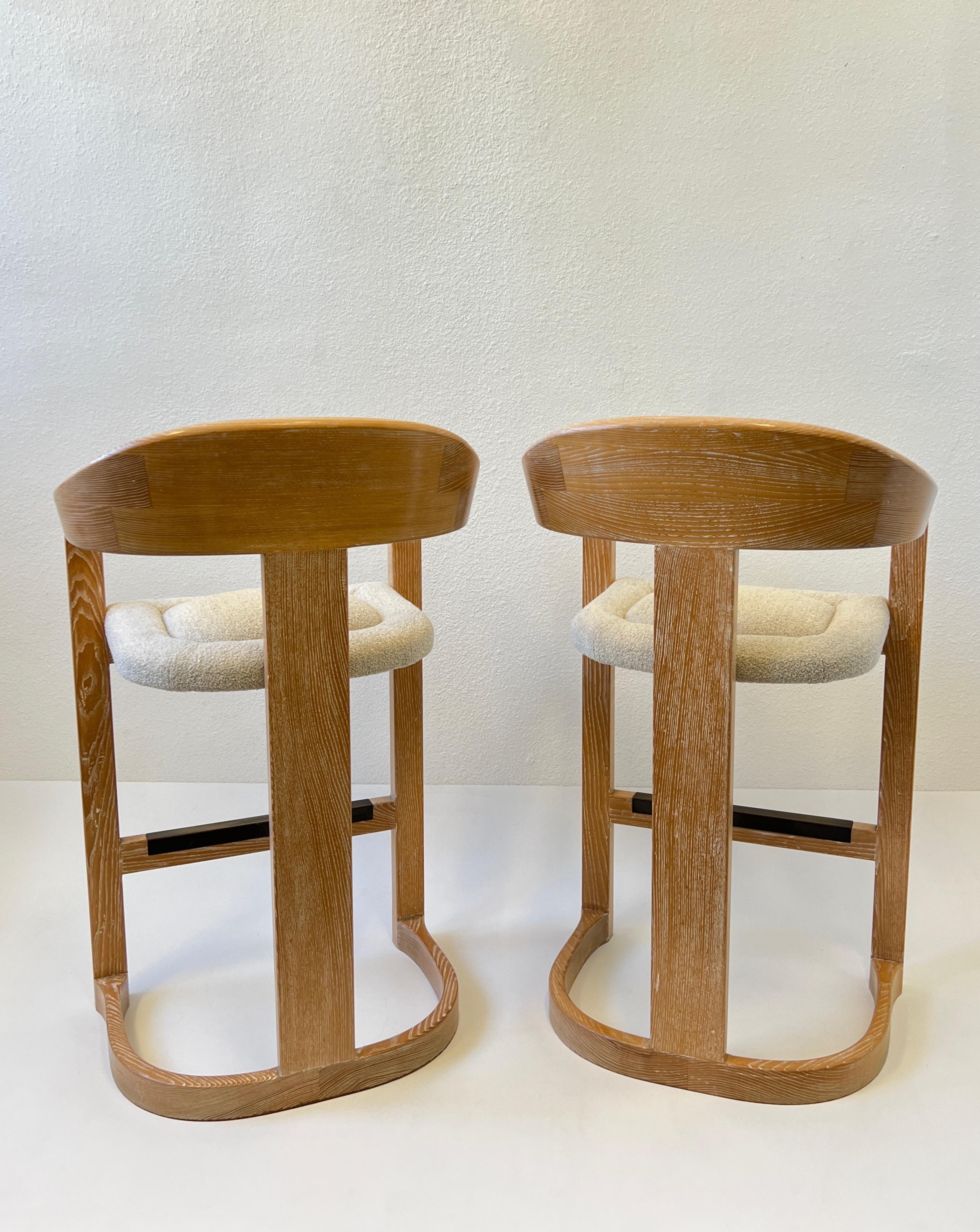Pair of “Onassis” Barstools in Dowelwood & Boucle by Karl Springer  In Good Condition For Sale In Palm Springs, CA