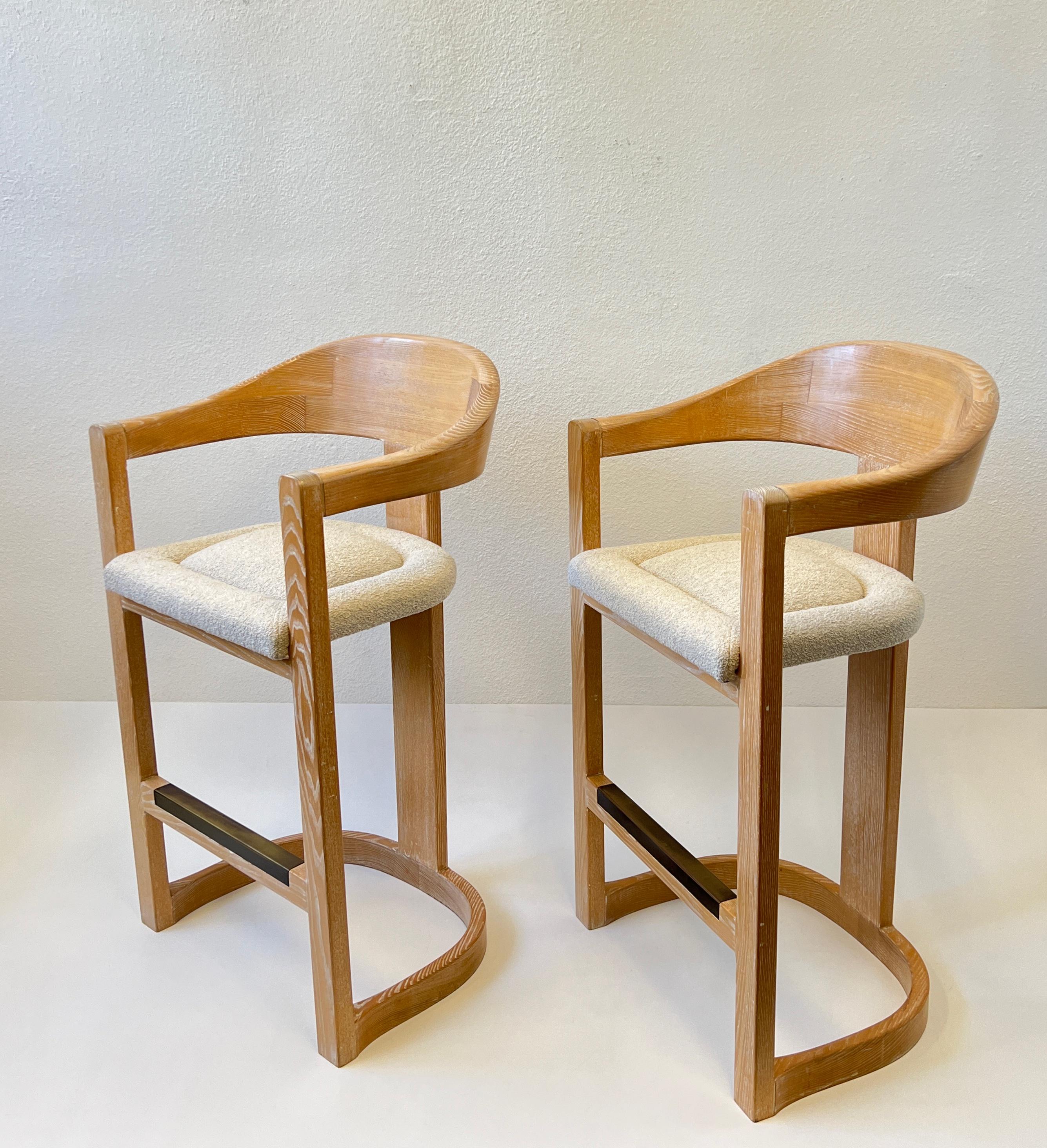 Pair of “Onassis” Barstools in Dowelwood & Boucle by Karl Springer  For Sale 1