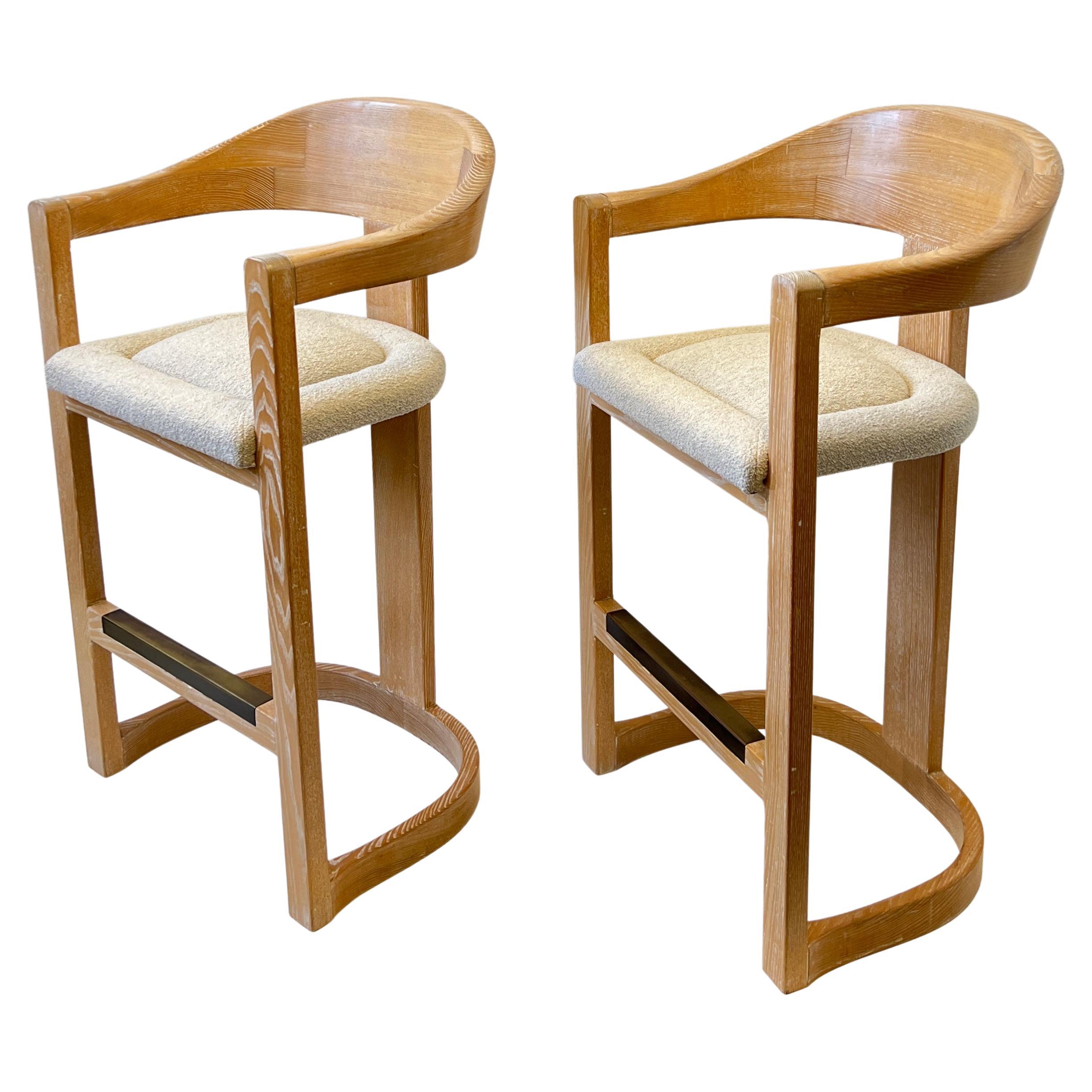 Pair of “Onassis” Barstools in Dowelwood & Boucle by Karl Springer  For Sale