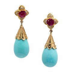 Pair of One Carat Burma Ruby, Turquoise and 0.20 Carat Diamonds Drop Earrings