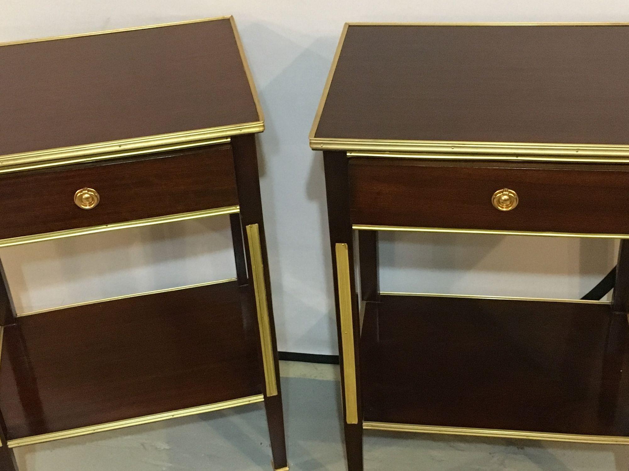 Pair of one drawer Russian style bronze-mounted end tables or night stands. Having been professionally polished and touched up this fine pair of Russian inspired tables are reminiscent of the Maison Jansen style that ruled the day in the late
