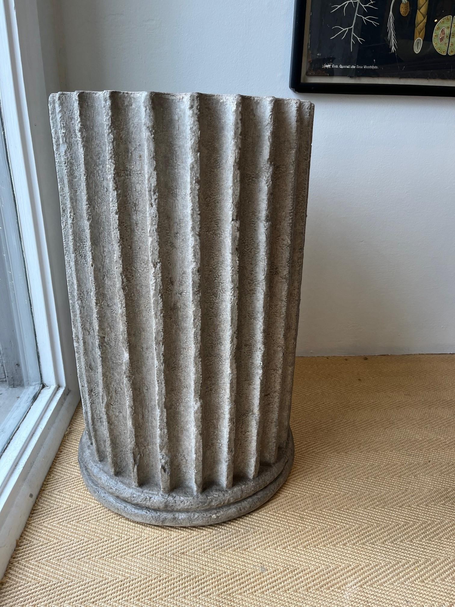 Pair of One of Kind Fluted Stone Column Patinated in Grey Moss Patina Finish, Hand Carved and Hand Painted Heavily Distressed Solid Cast Stone Fluted Column can use as Table Bases or as Pedestals, 