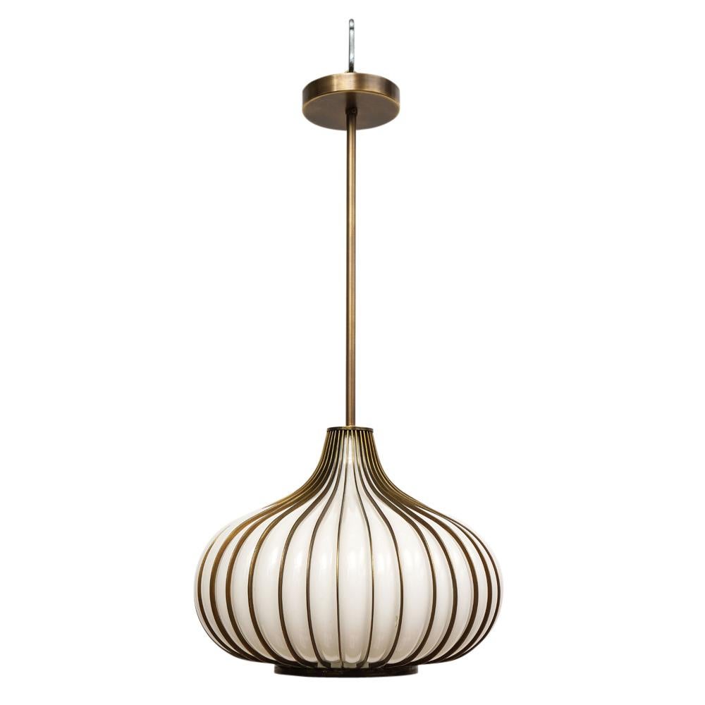 Pair of Onion Pendant Lamps, Brass, Glass, Lightcraft of California For Sale 3