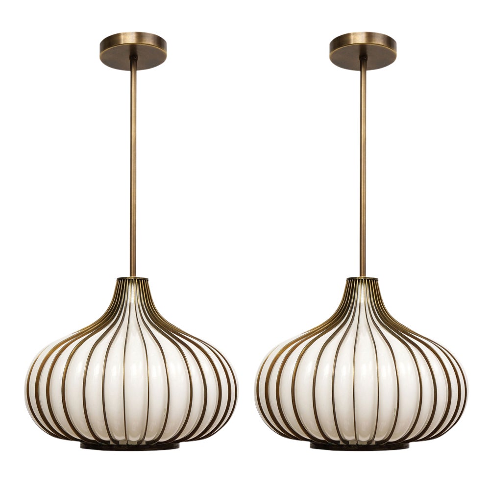 Pair of Onion Pendant Lamps, Brass, Glass, Lightcraft of California For Sale