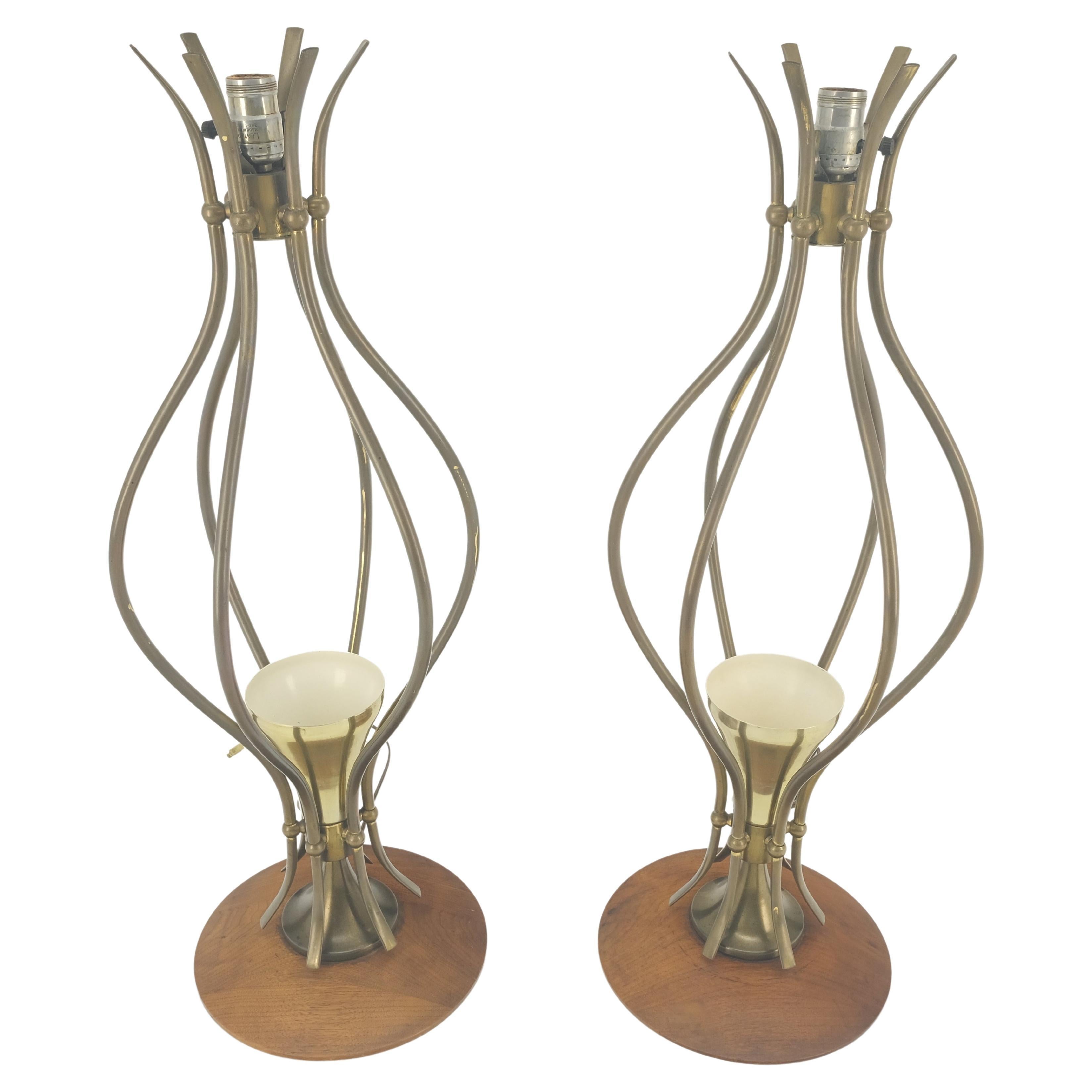 Pair of Onion Shape Turned Solid Walnut Bases Brass Harps Table Lamps MINT!