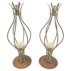 Pair of Onion Shape Turned Solid Walnut Bases Brass Harps Table Lamps MINT!