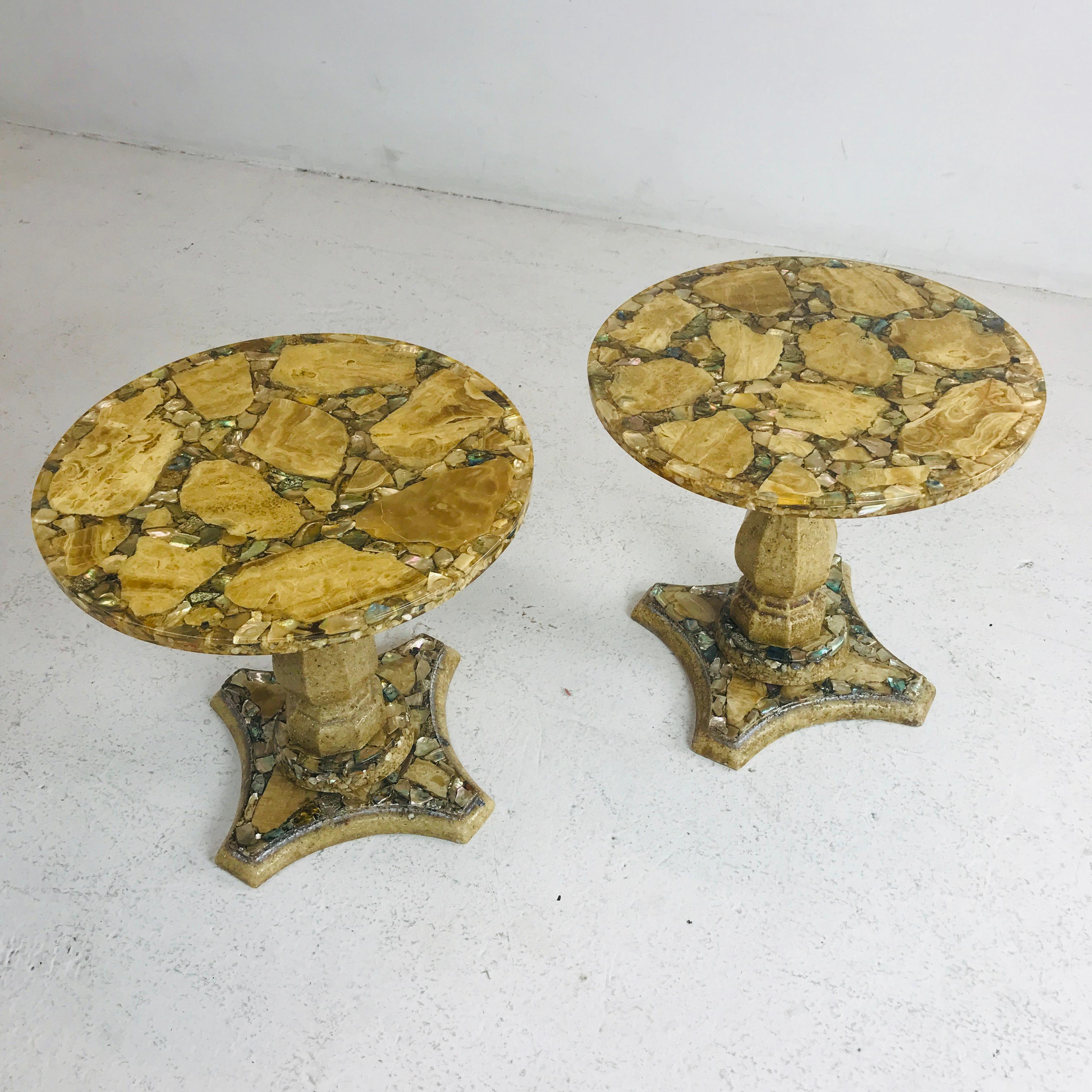 These tables feature cross sections of cream and copper colored onyx stone floating in a sea of gold glitter and abalone shells cast in resin. Table tops measure: 20