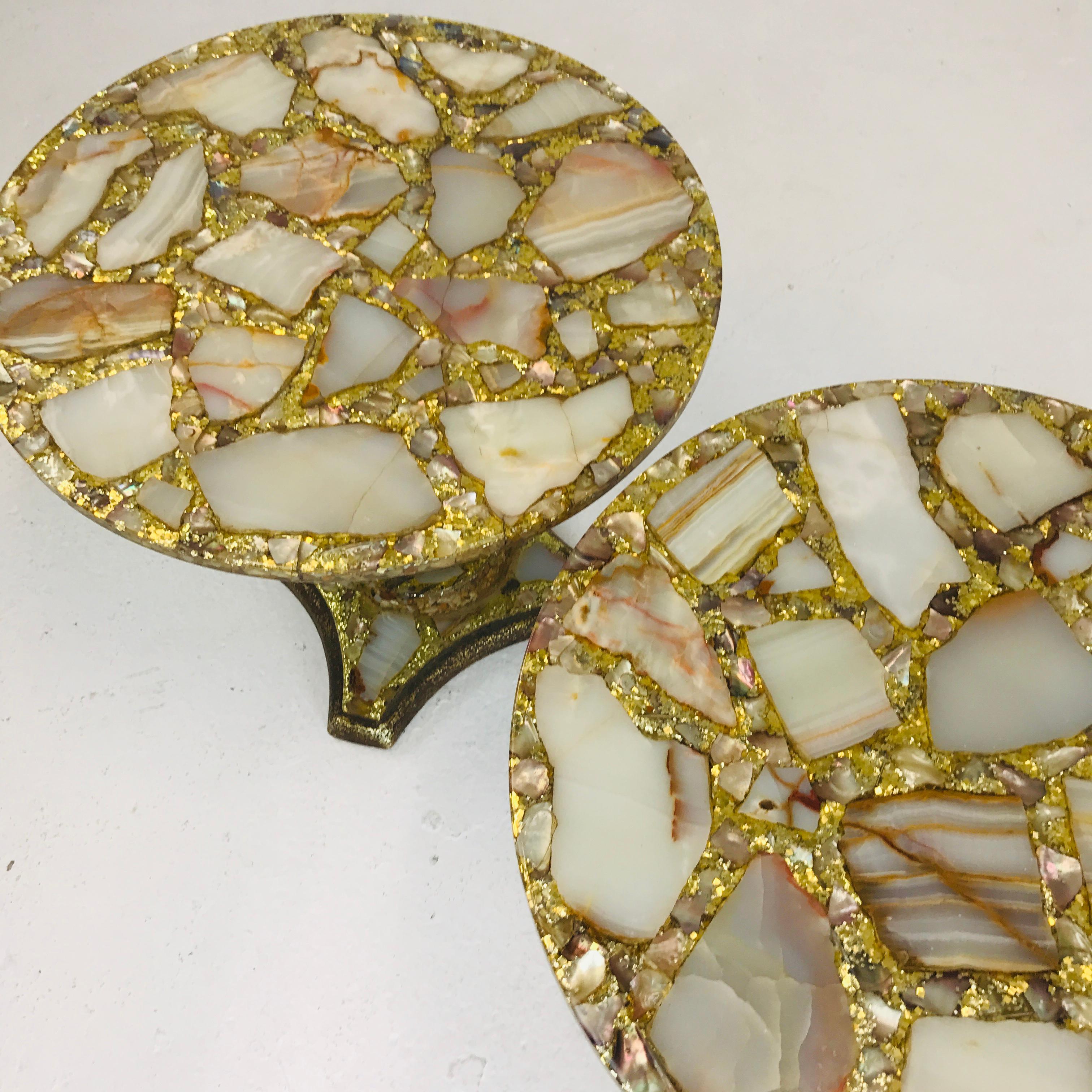 Hollywood Regency Pair of Onyx Abalone Shell Gold Glitter Cocktail Tables by Arturo Pani