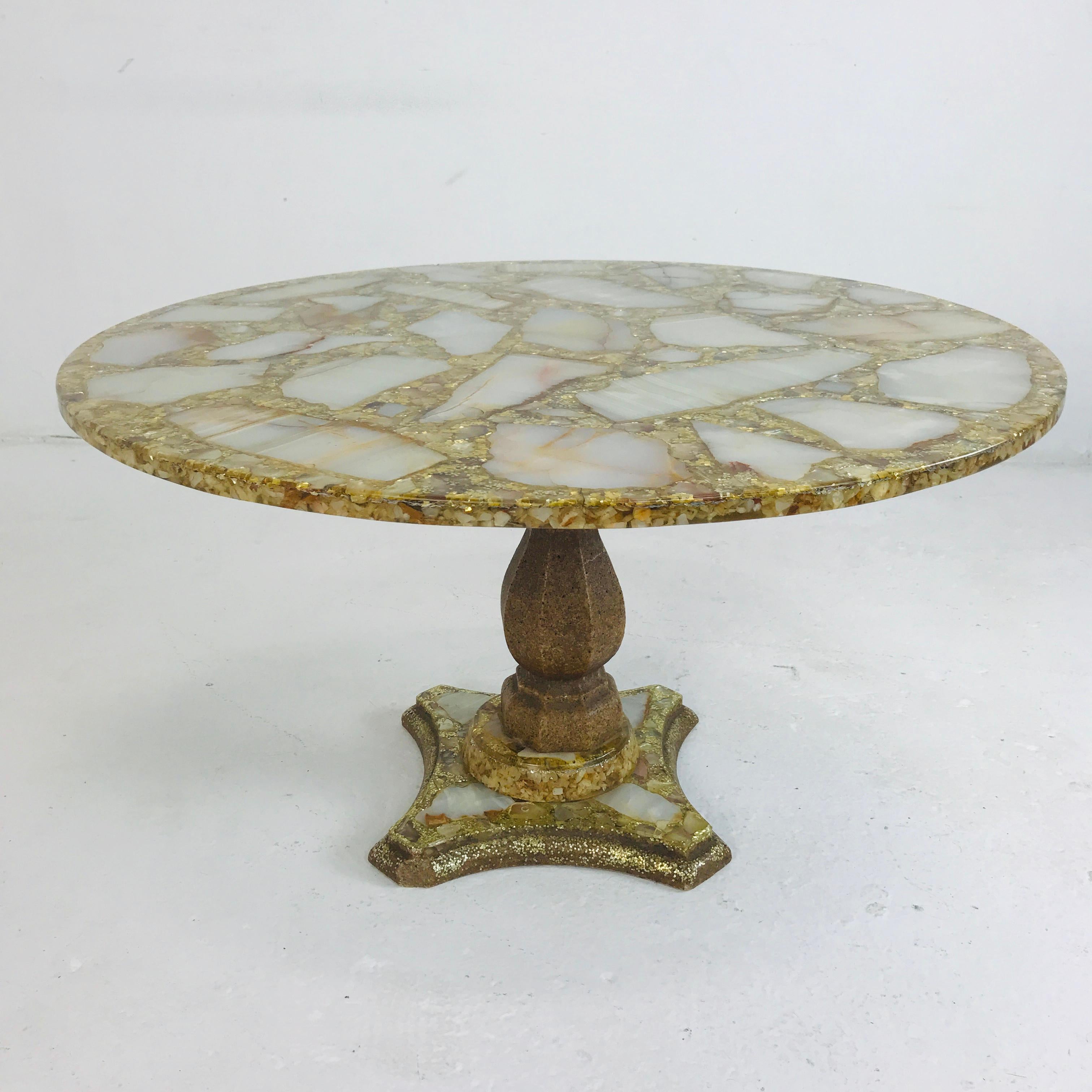 These tables feature cross sections of cream and copper colored onyx stone floating in a sea of gold glitter and abalone shells cast in resin. Table tops measure 20