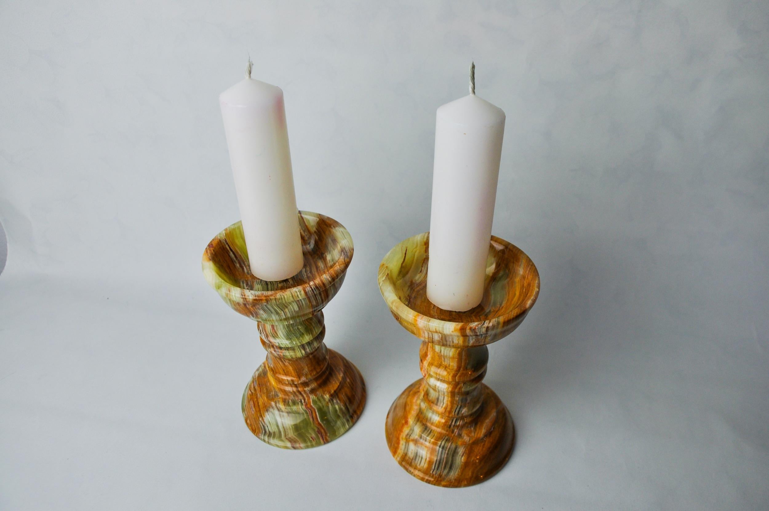 Late 20th Century Pair of onyx and brass candlesticks, Italy, 1980 For Sale