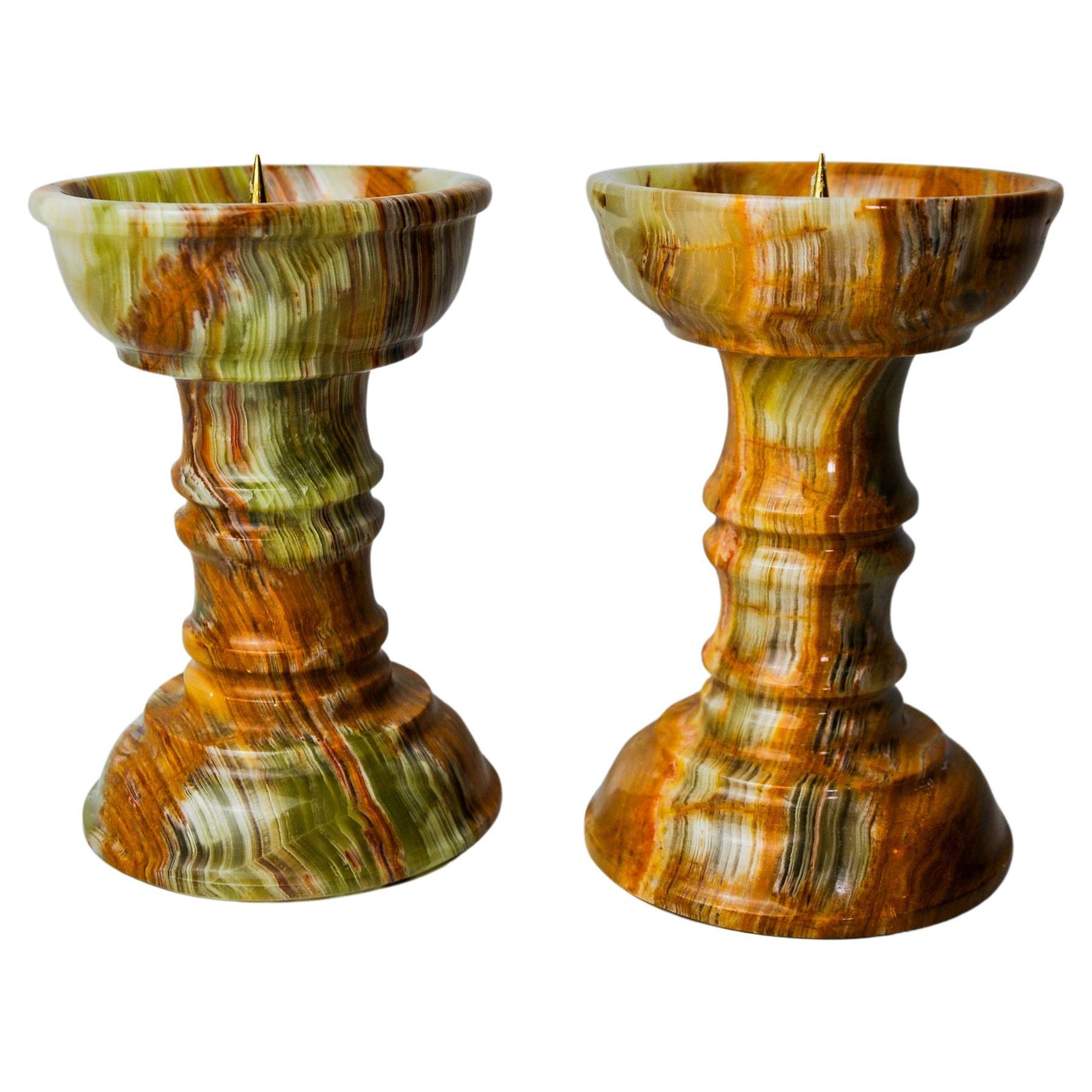 Pair of onyx and brass candlesticks, Italy, 1980 For Sale