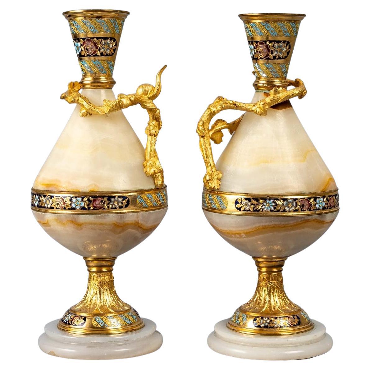 Pair of Onyx and Gilded Bronze and Cloisonné Vases