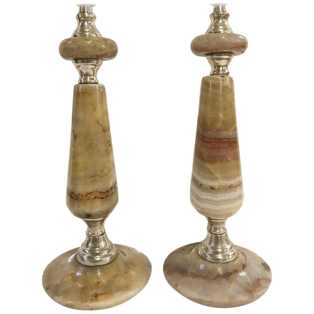 Pair of Onyx Table Lamps For Sale