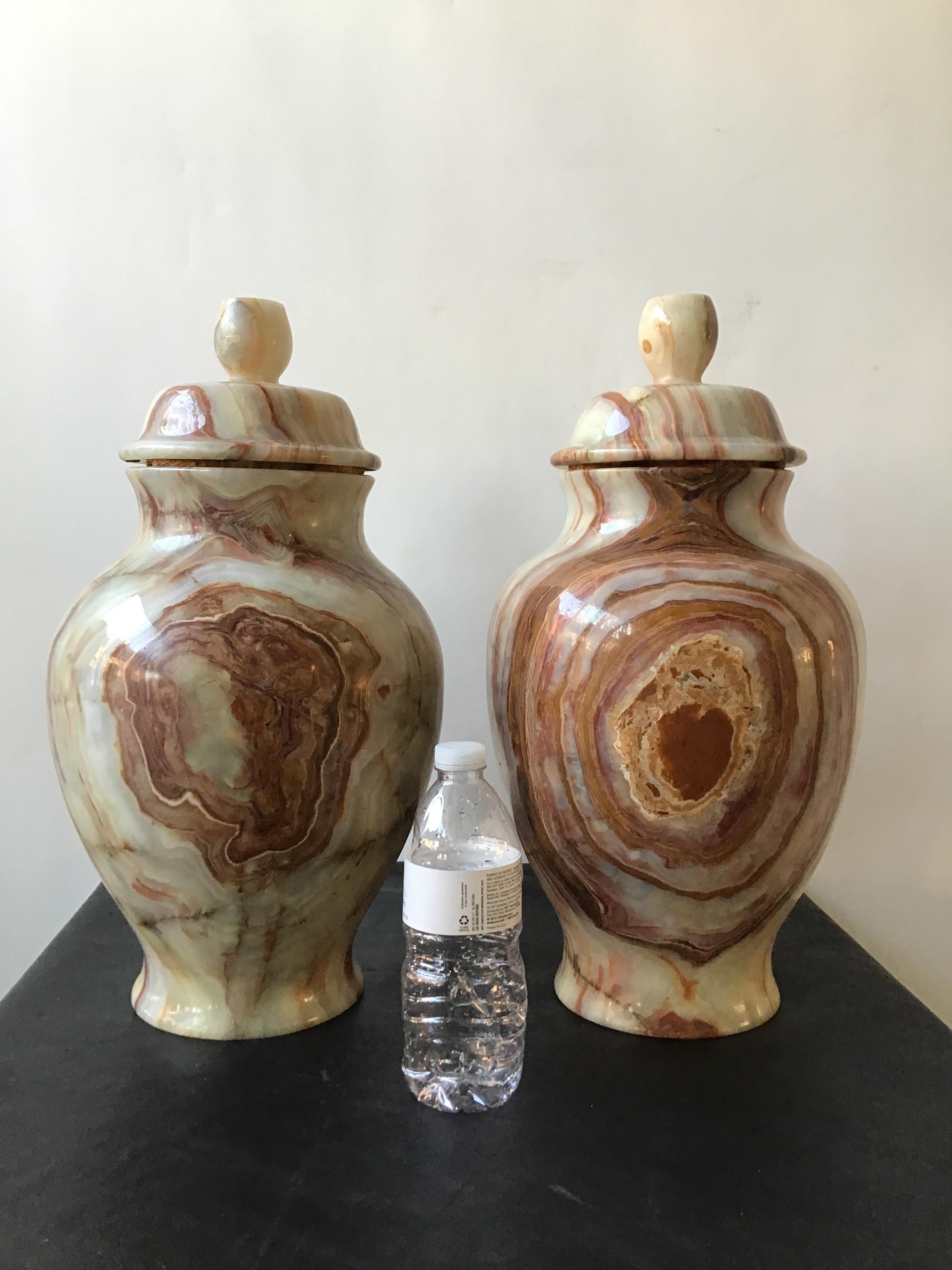 Pair of 1980s onyx urns. Removable lid. Heavy. From a Southampton, NY estate.