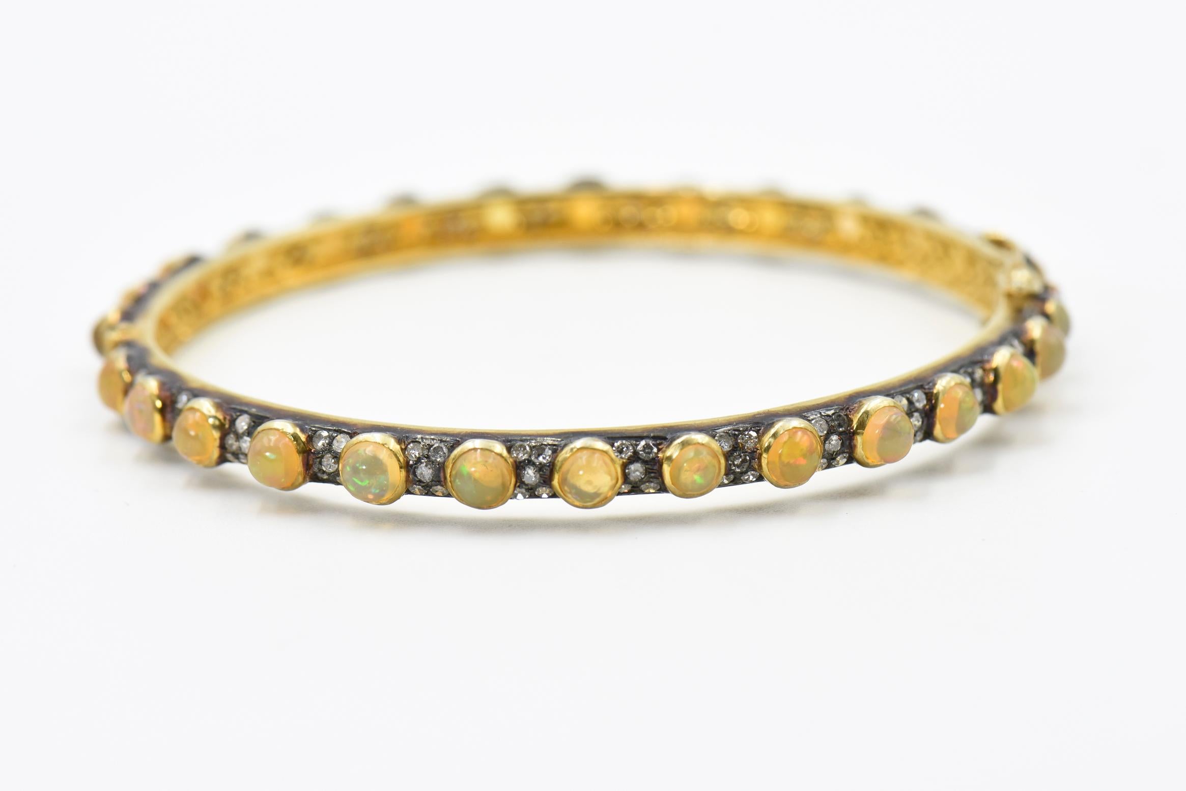 Pair of Opal Diamond Vermeil Sterling Silver Bangle Bracelets In Good Condition For Sale In Miami Beach, FL