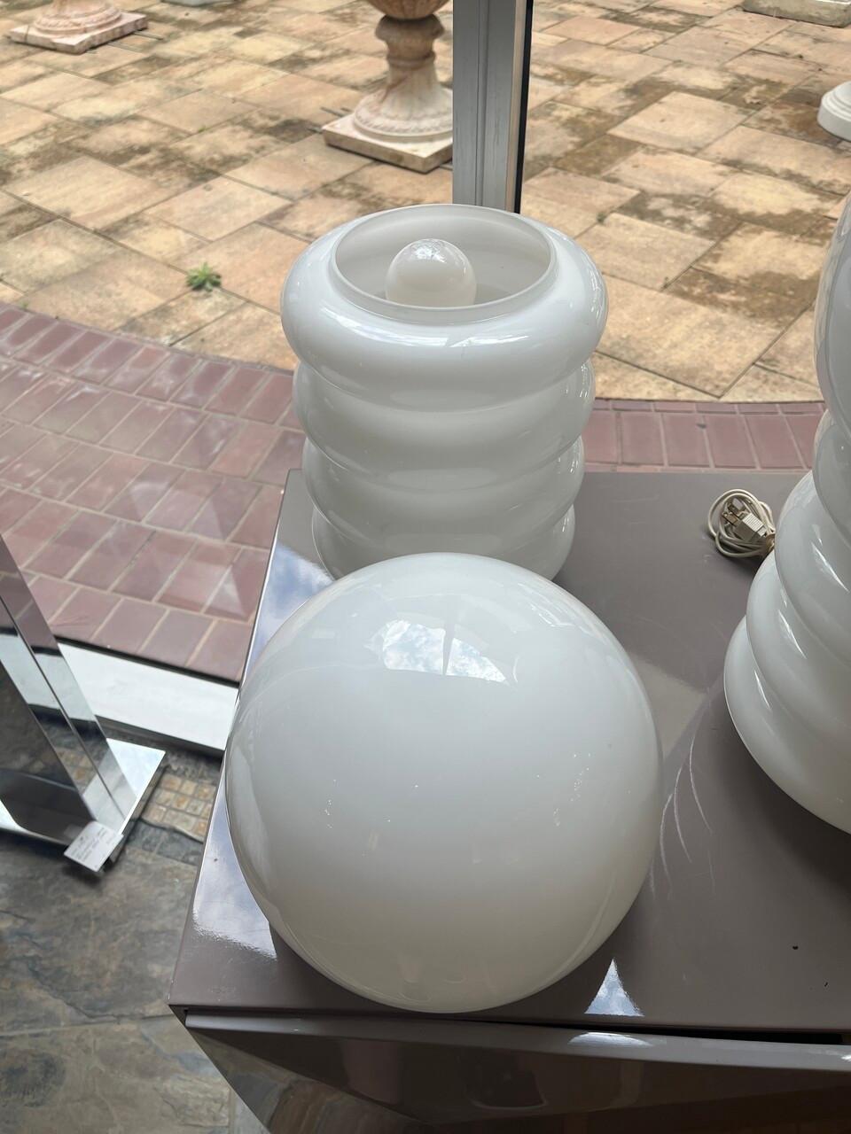 Pair of Opal Glass 1970's Italian Space Age Lamps In Good Condition For Sale In Houston, TX