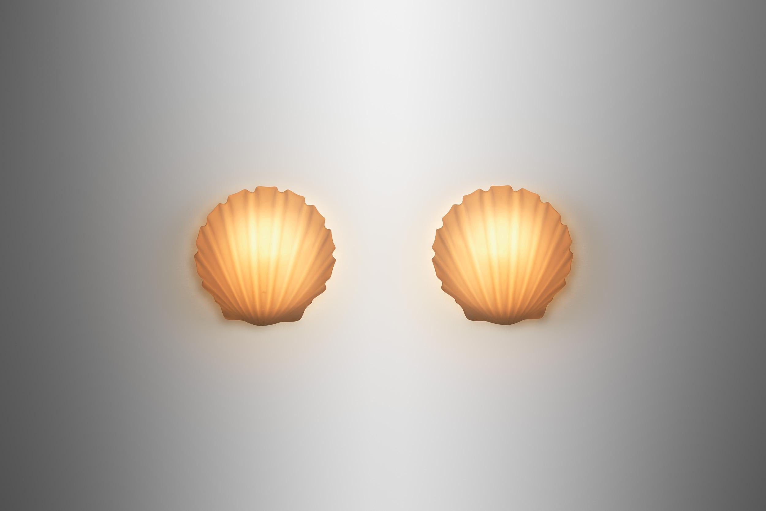 Pair of Opal Glass Seashell Wall Lamps by Glashütte Limburg, Germany 1970s In Good Condition For Sale In Utrecht, NL