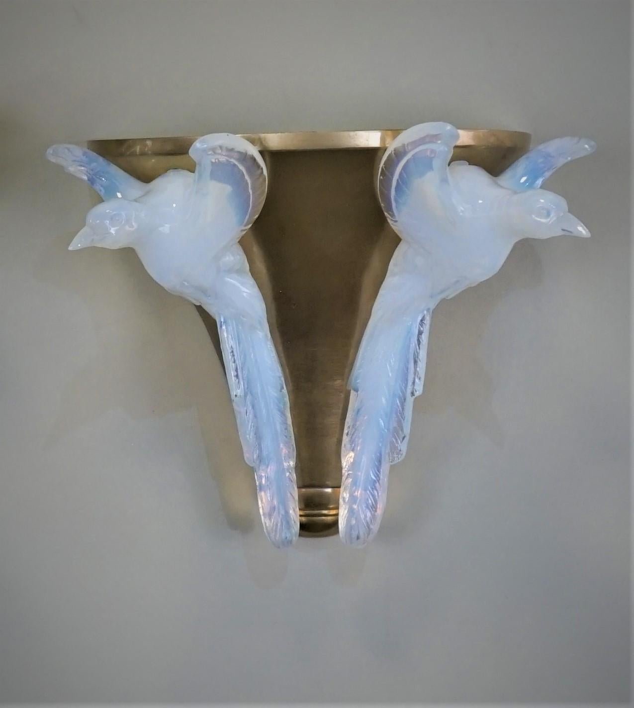 Pair of Opalescent Glass and Bronze Art Deco Wall Sconces by Ezan 5