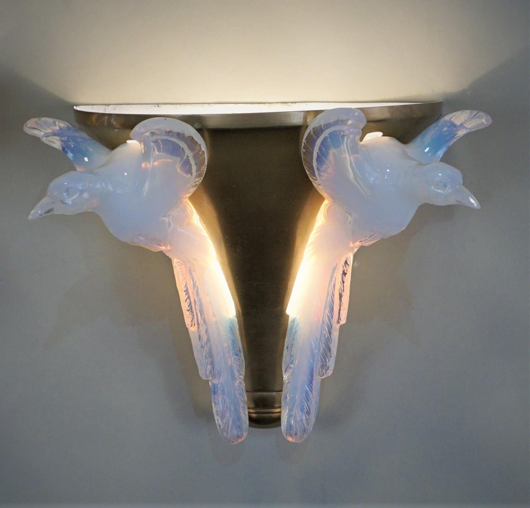 Pair of Opalescent Glass and Bronze Art Deco Wall Sconces by Ezan 1