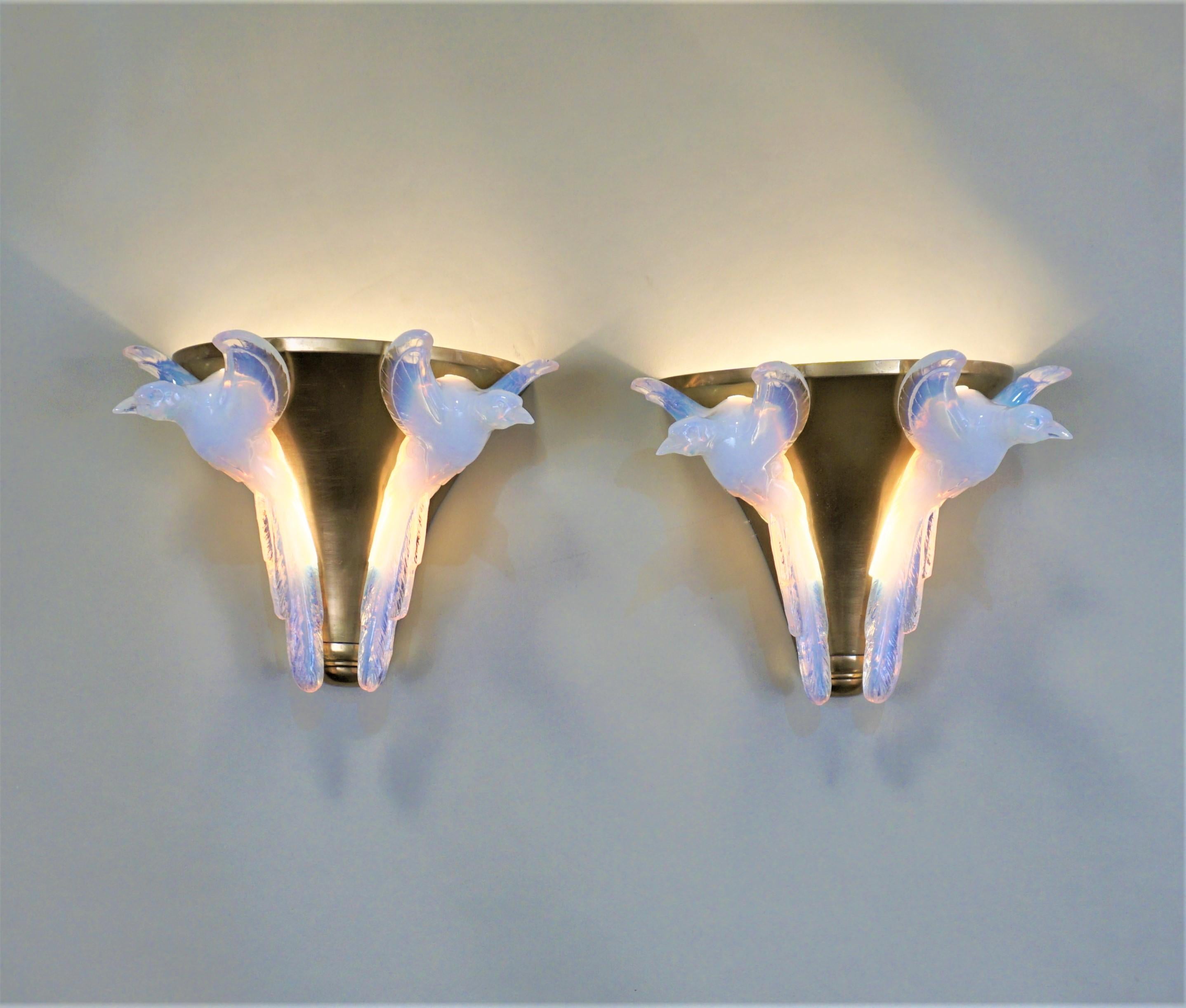 Pair of Opalescent Glass and Bronze Art Deco Wall Sconces by Ezan 3