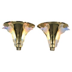 Pair of Opalescent Glass and Bronze Art Deco Wall Sconces by Ezan