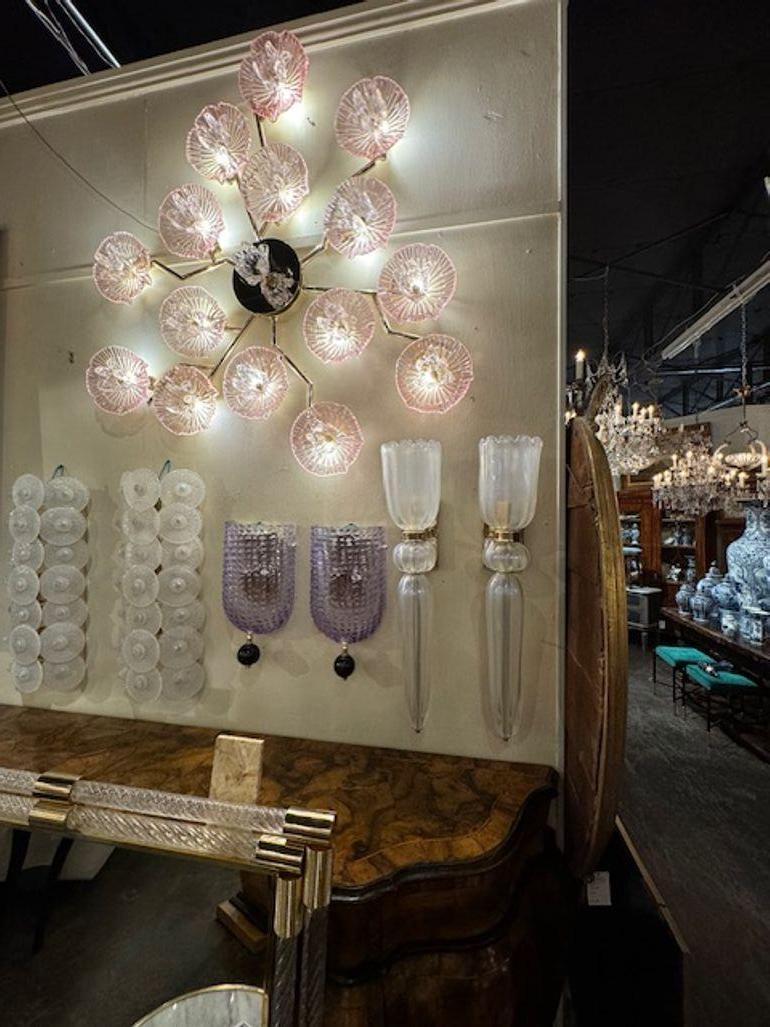 Italian Pair of Opalescent Murano Glass Cone Form Sconces For Sale