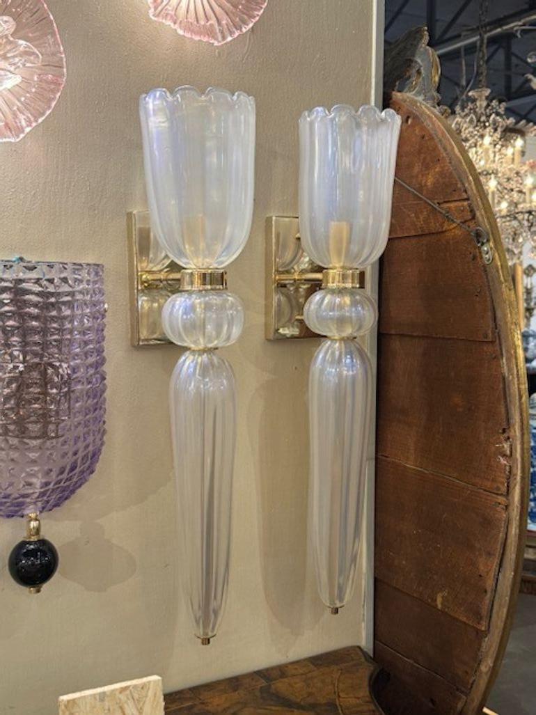 Pair of Opalescent Murano Glass Cone Form Sconces In Good Condition For Sale In Dallas, TX