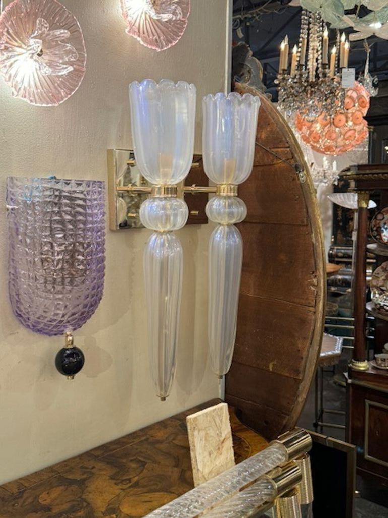 Brass Pair of Opalescent Murano Glass Cone Form Sconces For Sale