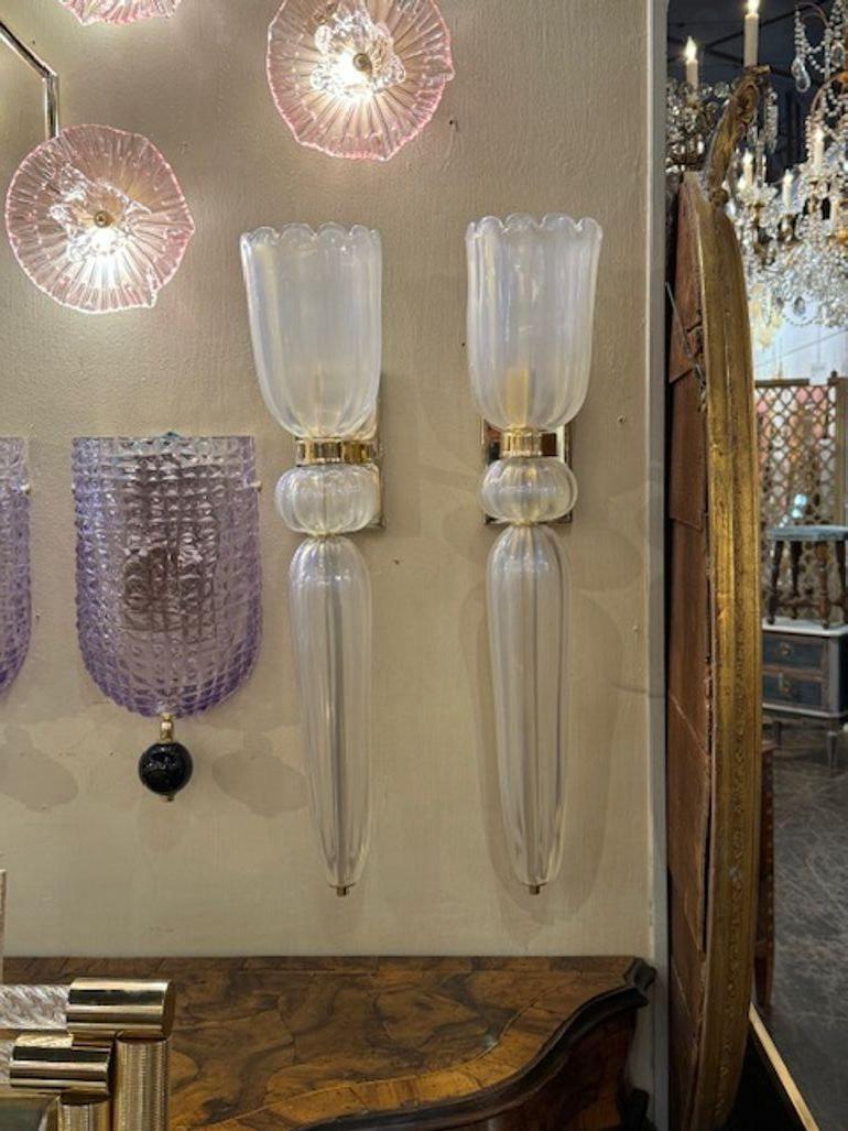 Pair of Opalescent Murano Glass Cone Form Sconces For Sale 1