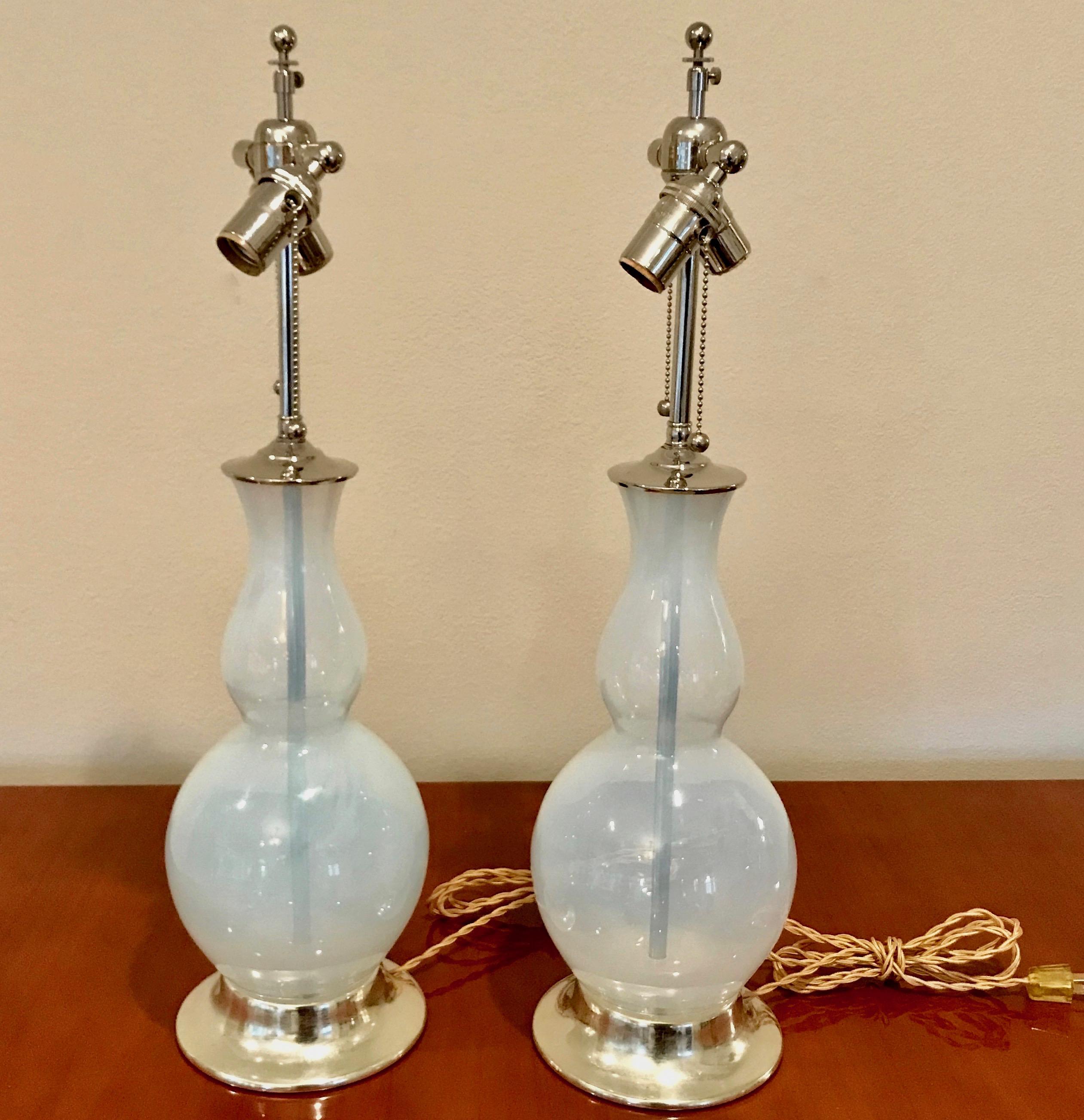 Italian Pair of Opalesent Murano Glass Lamps on White Gold Turned Wood Bases