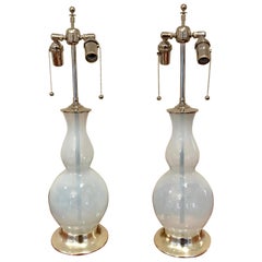 Pair of Opalesent Murano Glass Lamps on White Gold Turned Wood Bases