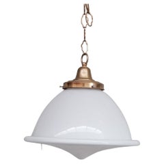 Pair of Opaline and Brass Mid-Century French Glass Pendant Lights