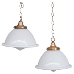 Retro Pair of Opaline and Brass Mid-Century French Glass Pendant Lights