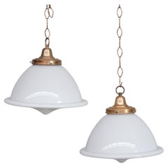 Pair of Opaline and Brass Mid-Century French Glass Pendant Lights
