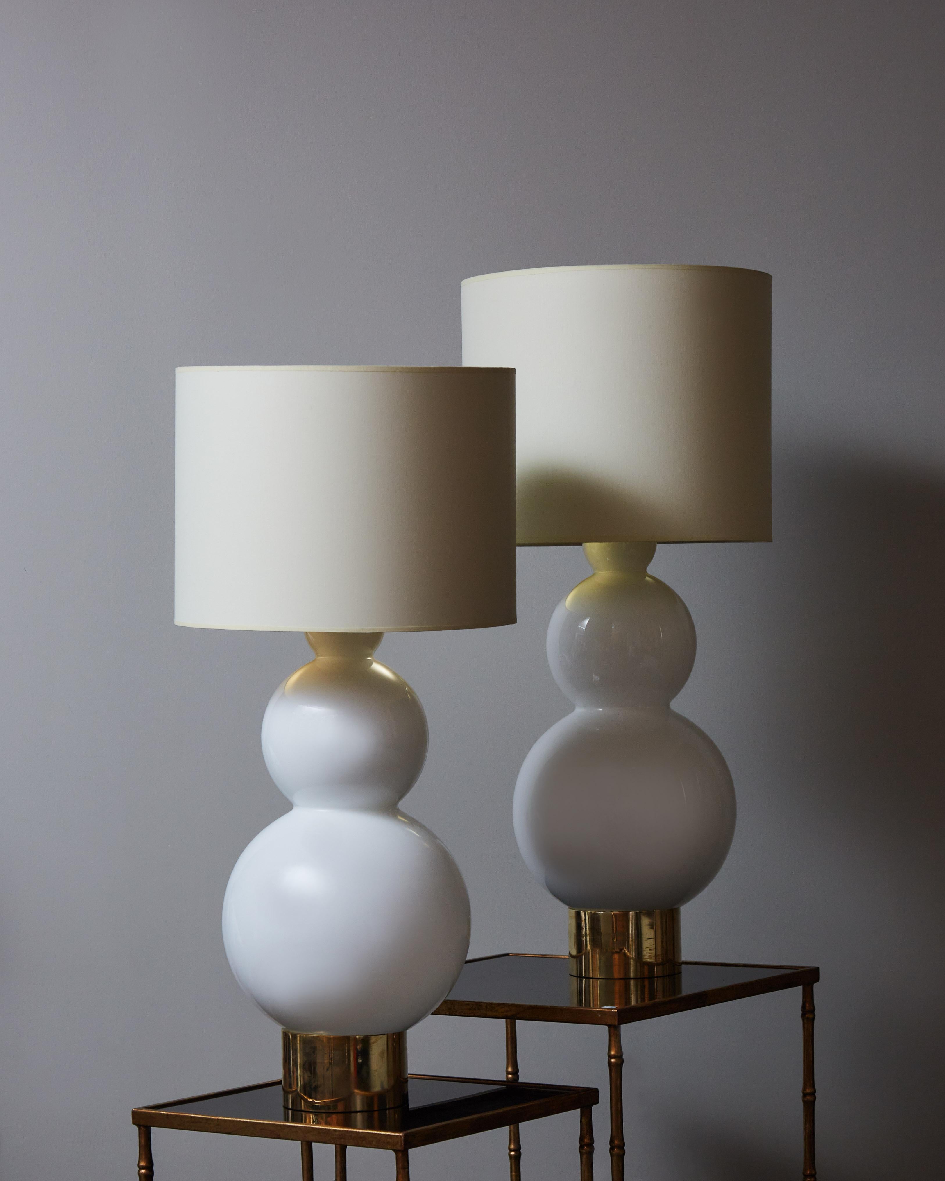 Modern Pair of Opaline and Brass Table Lamps