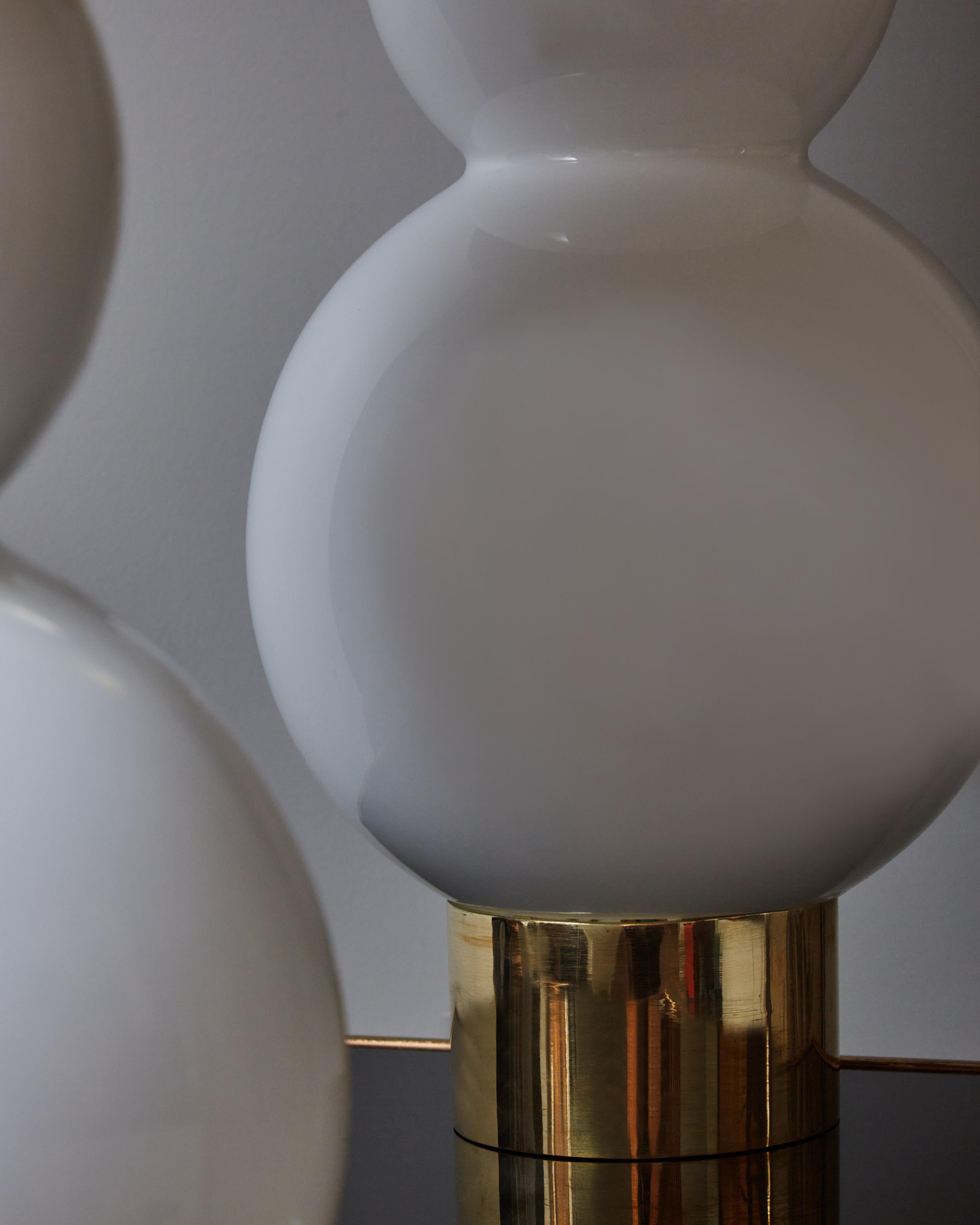 Contemporary Pair of Opaline and Brass Table Lamps