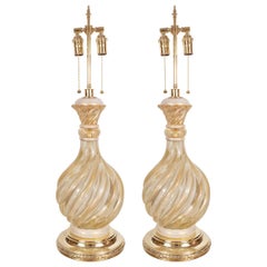 Pair of Opaline and Gold Fluted Murano Lamps
