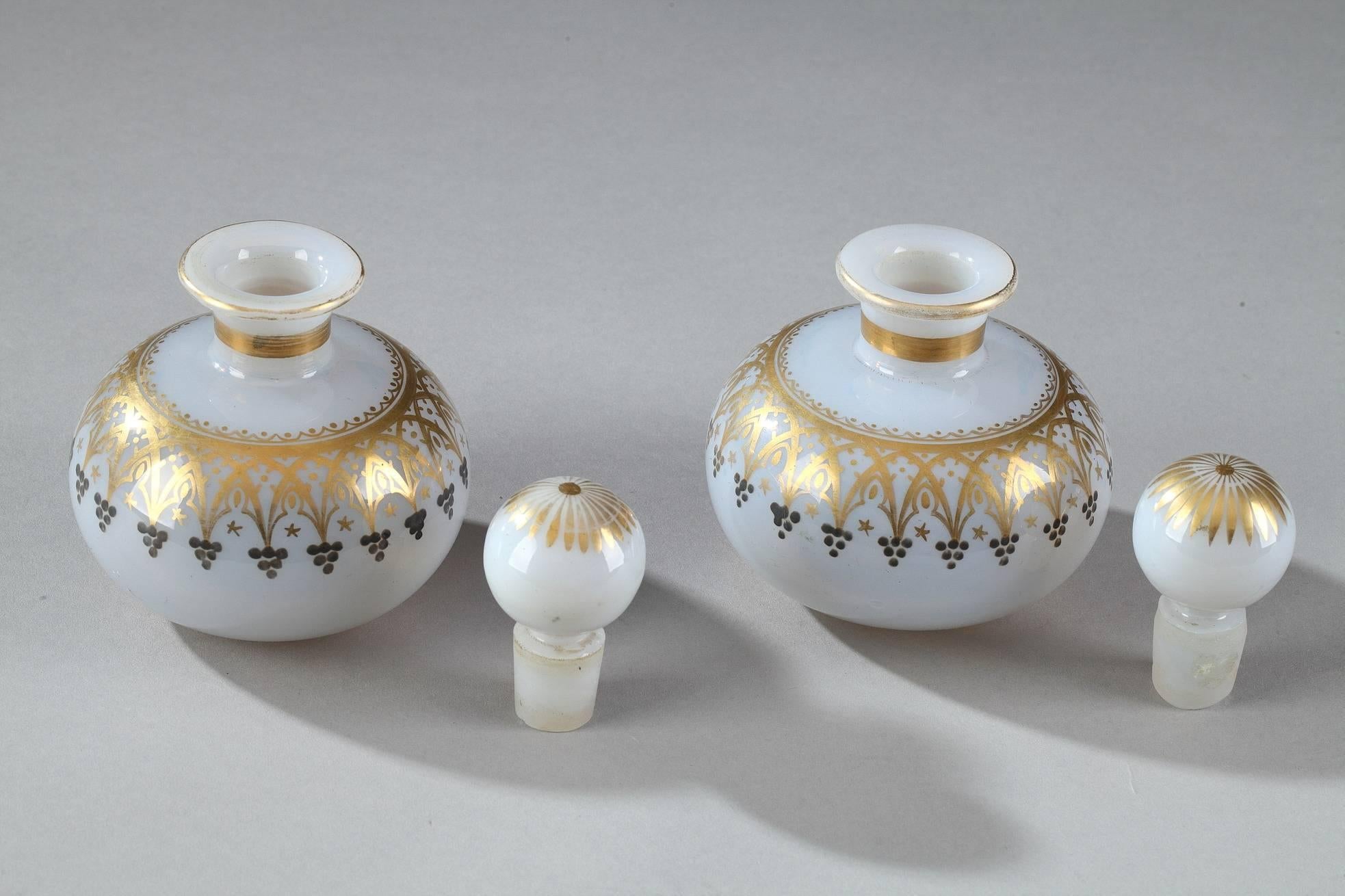 19th Century Pair of Opaline Flasks with Gothic Decoration For Sale