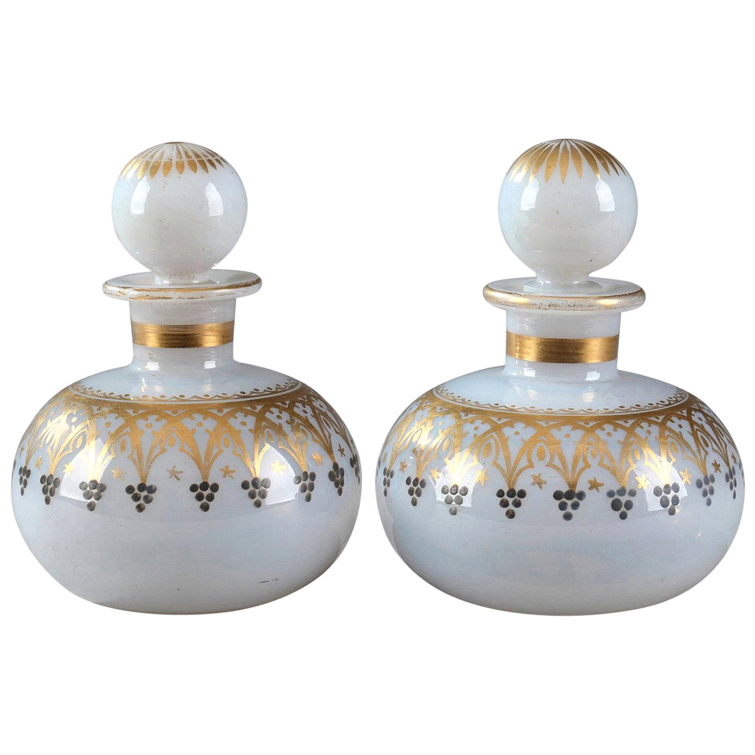 Pair of Opaline Flasks with Gothic Decoration For Sale