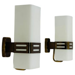 Pair of Opaline Glass & Brass Wall Sconces by Stilnovo, Signed, Italy 1960s
