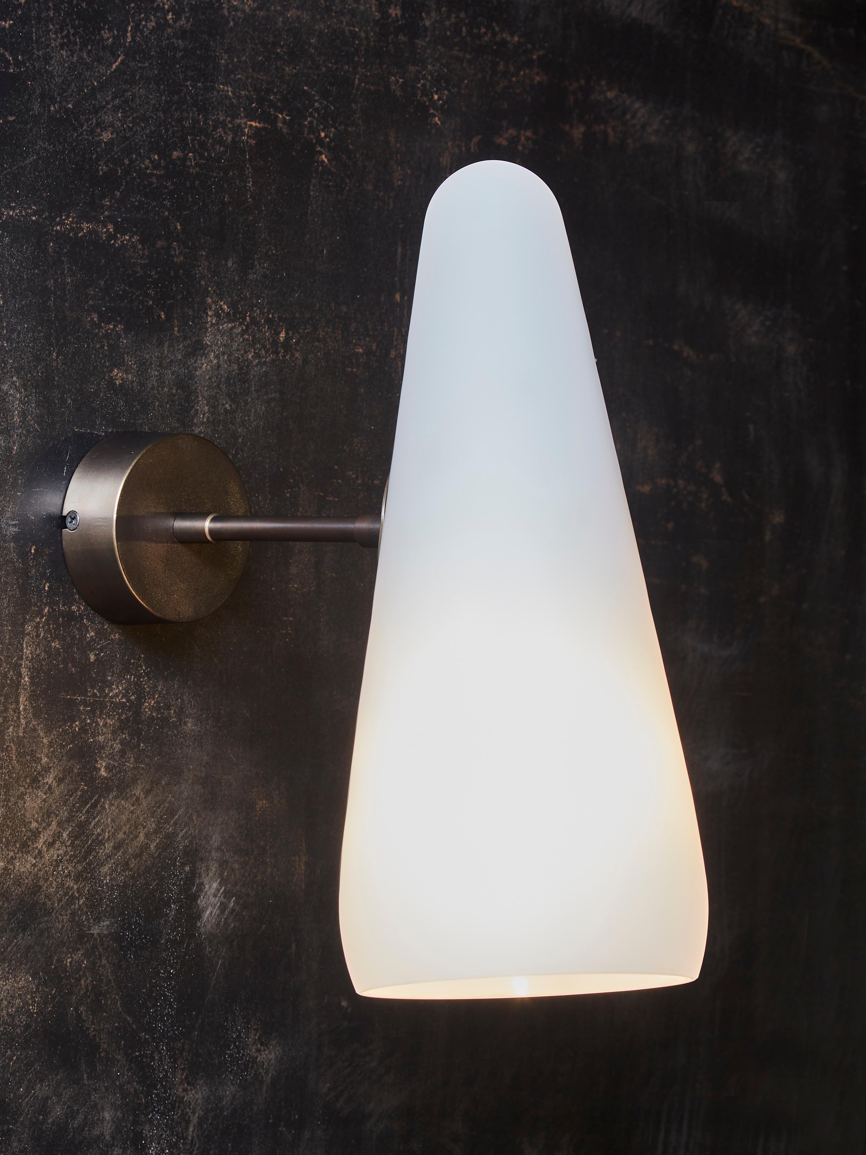 Modern Pair of Opaline Glass Cone and Brass Wall Sconces For Sale