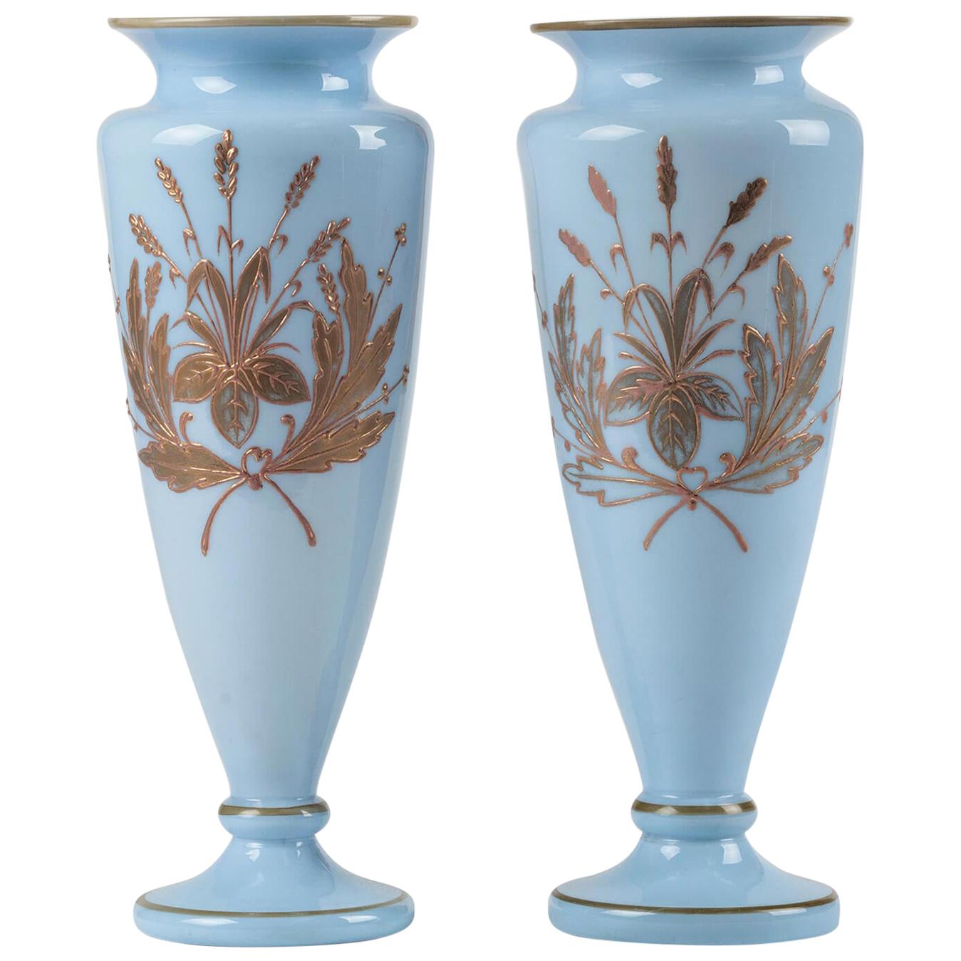 Pair of Opaline Glass Painted Victorian Vases For Sale