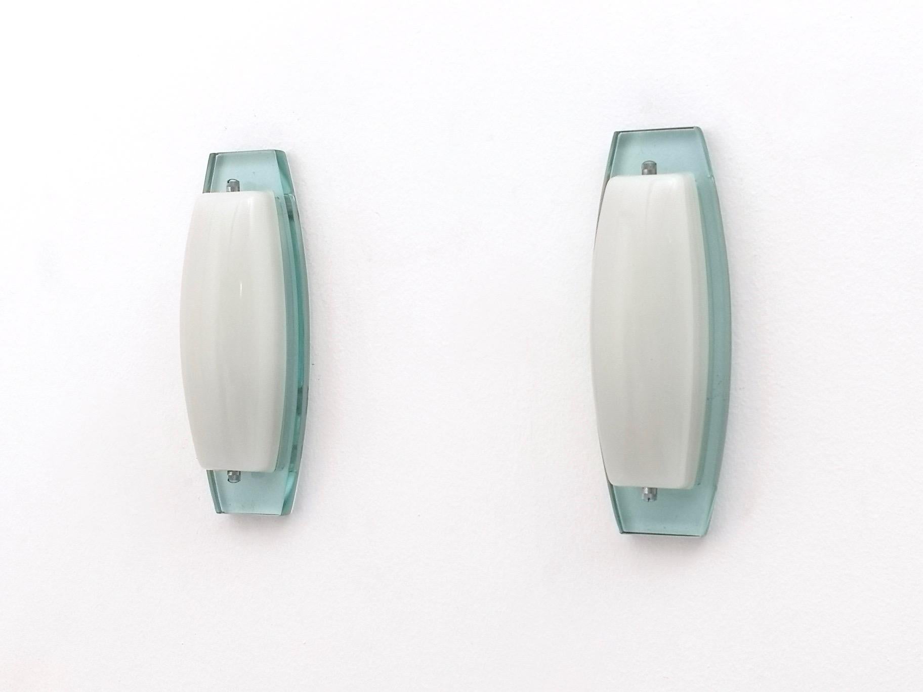 Post-Modern Pair of Opaline Glass Sconces with Thick Aquamarine Glass Structures, Italy