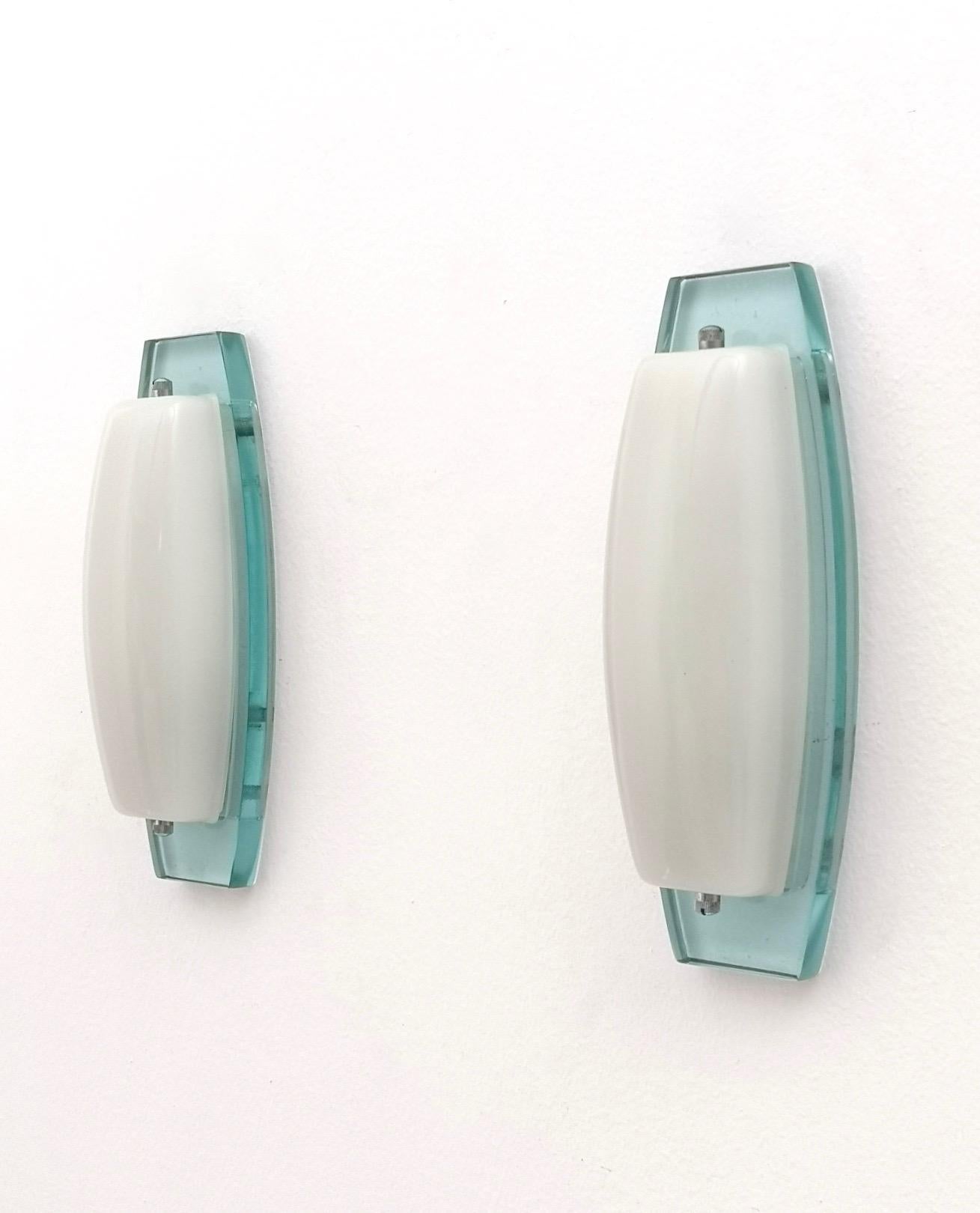 Italian Pair of Opaline Glass Sconces with Thick Aquamarine Glass Structures, Italy