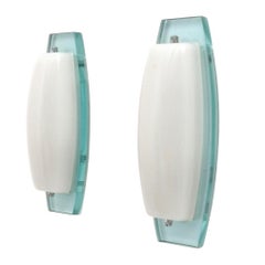 Pair of Opaline Glass Sconces with Thick Aquamarine Glass Structures, Italy