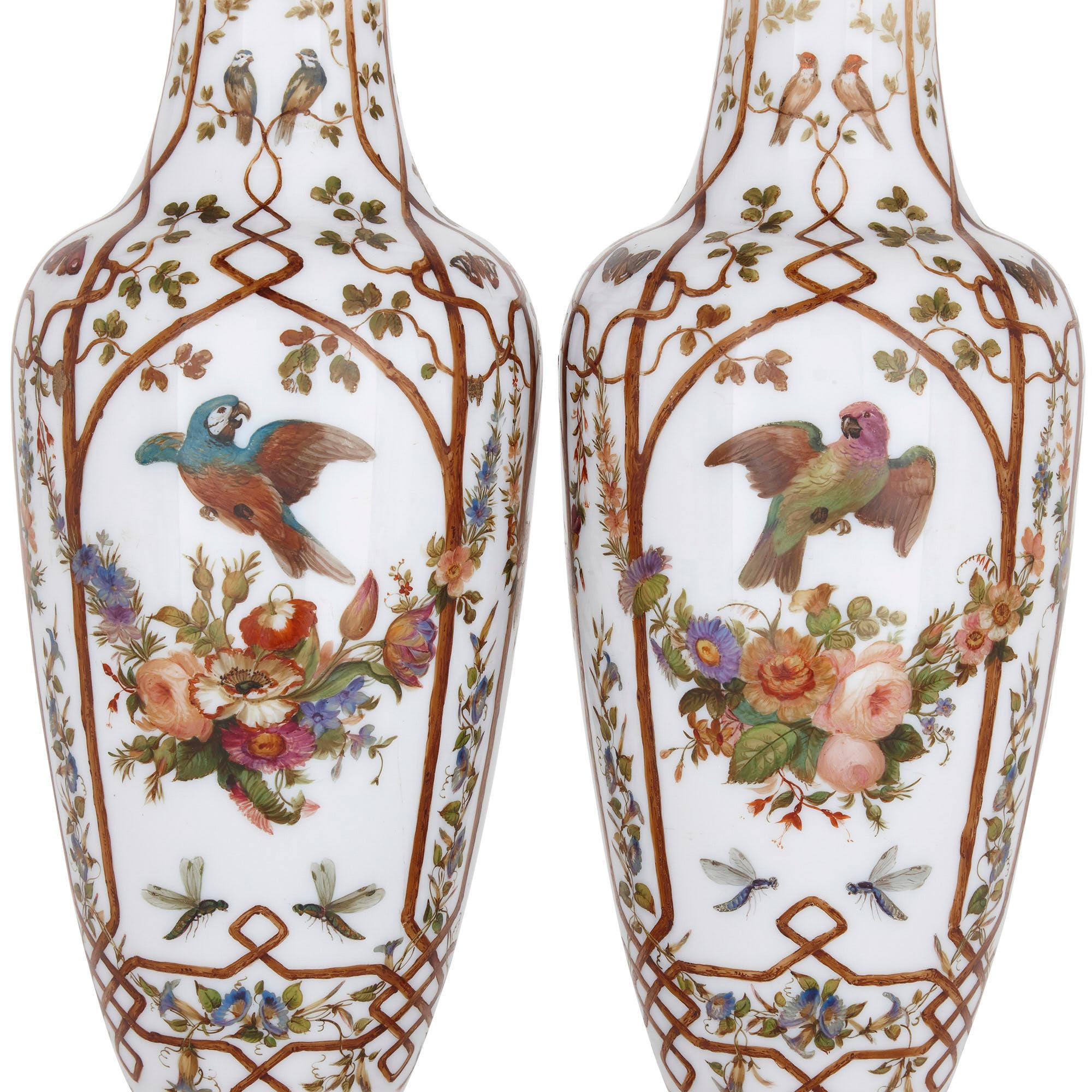French Pair of Opaline Glass Vases Painted with Birds and Flowers