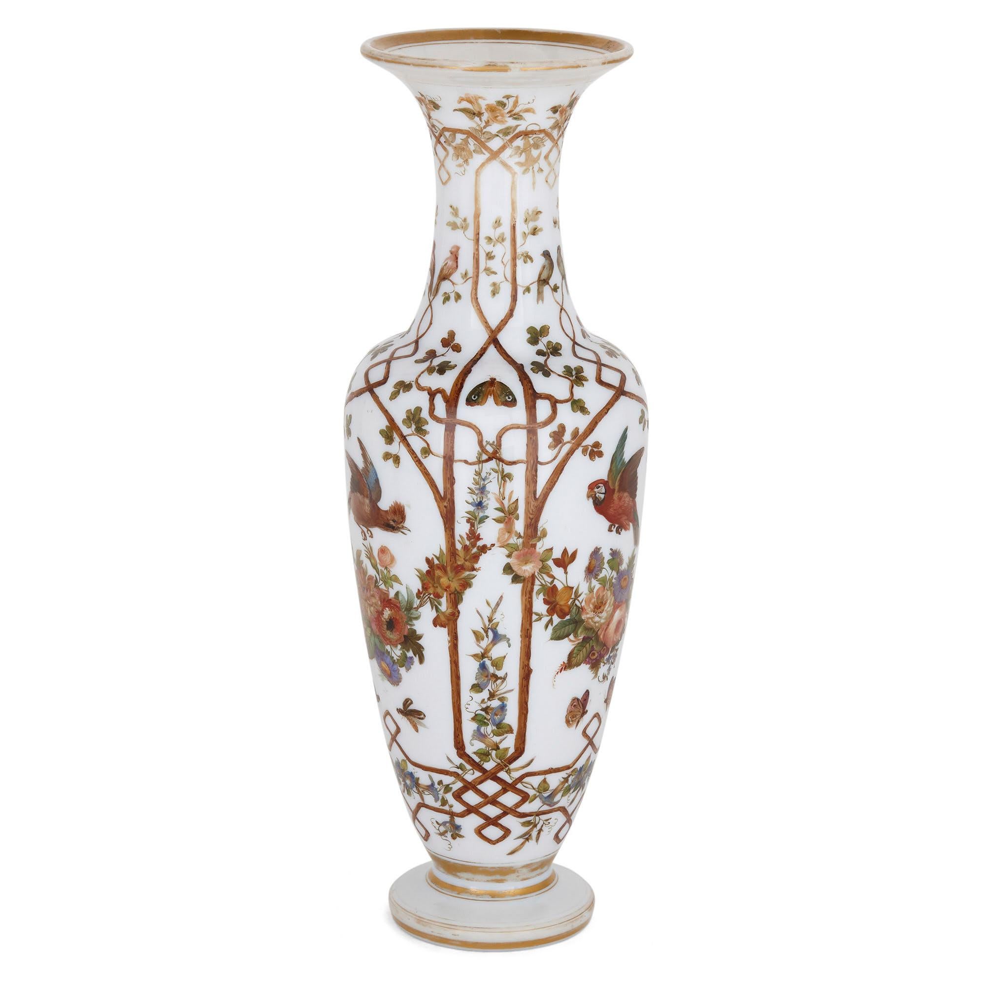Pair of Opaline Glass Vases Painted with Birds and Flowers In Good Condition In London, GB