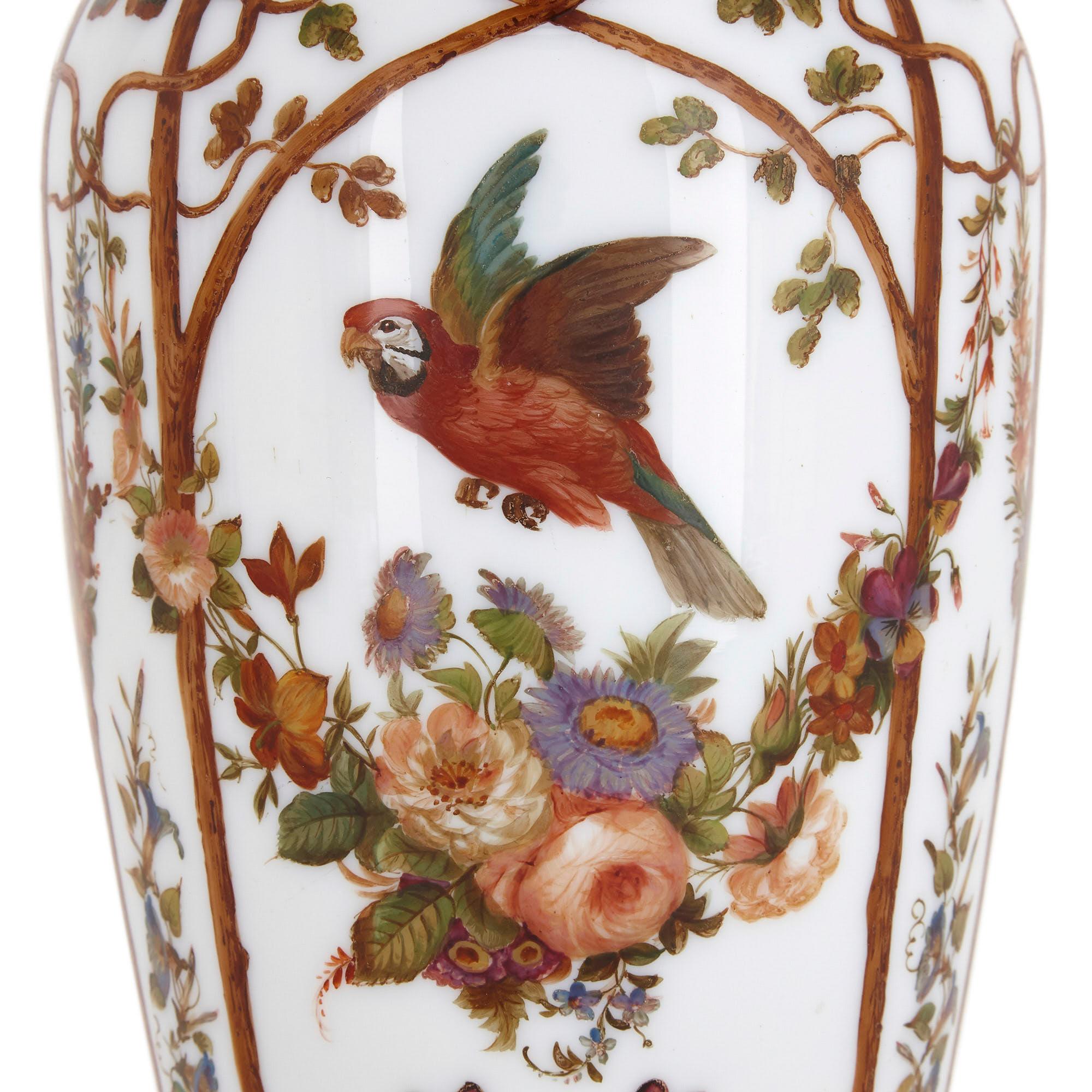 19th Century Pair of Opaline Glass Vases Painted with Birds and Flowers