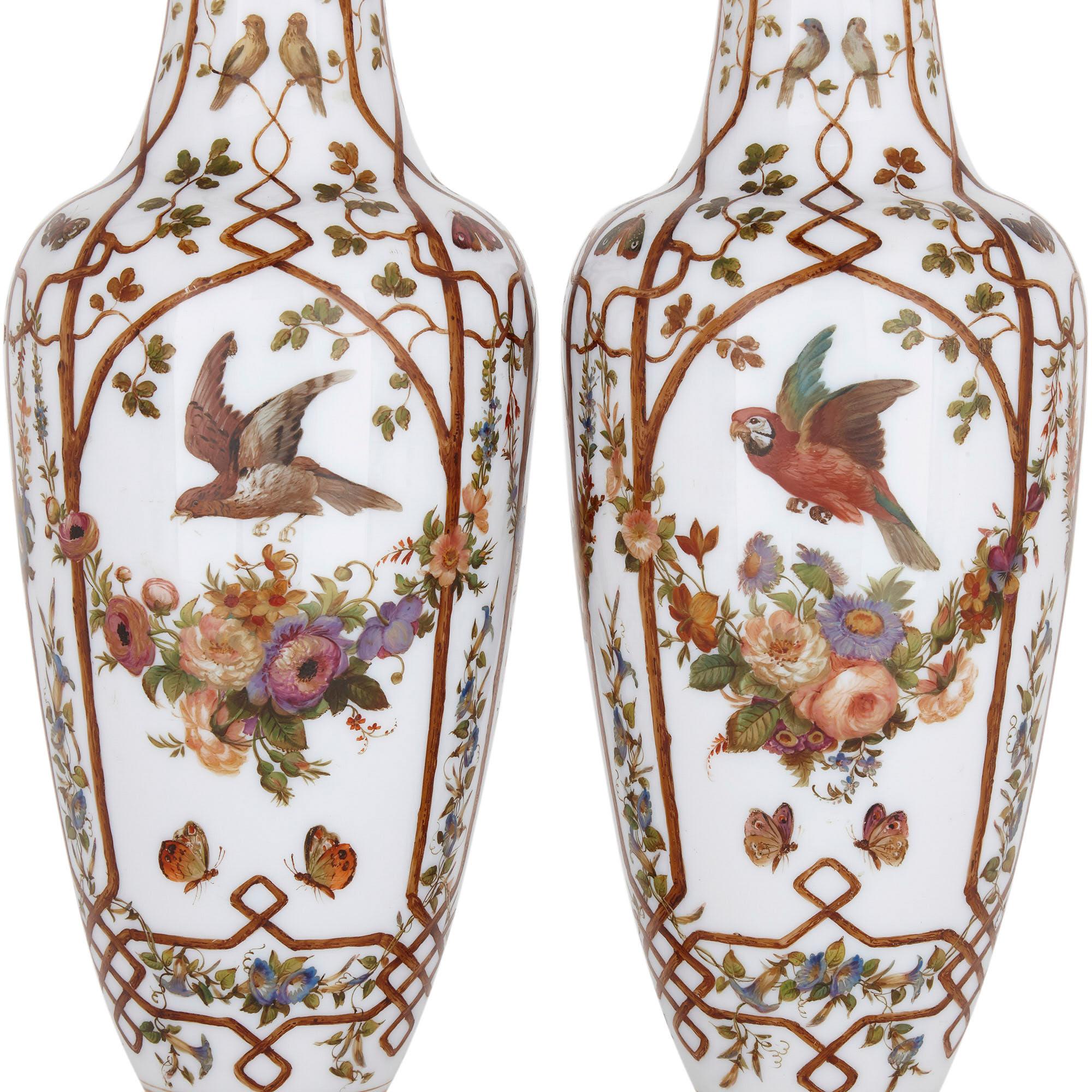 Pair of Opaline Glass Vases Painted with Birds and Flowers 1