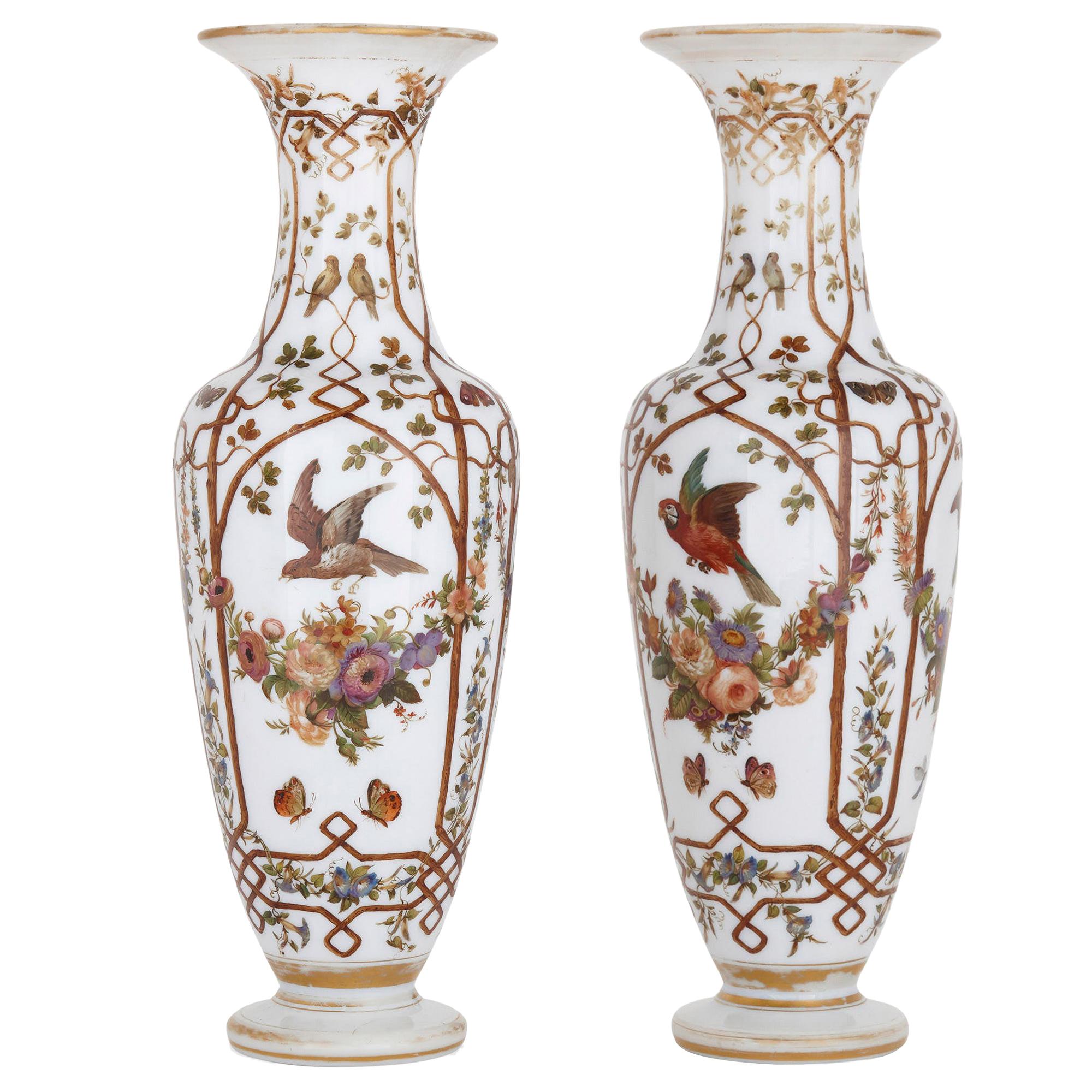 Pair of Opaline Glass Vases Painted with Birds and Flowers